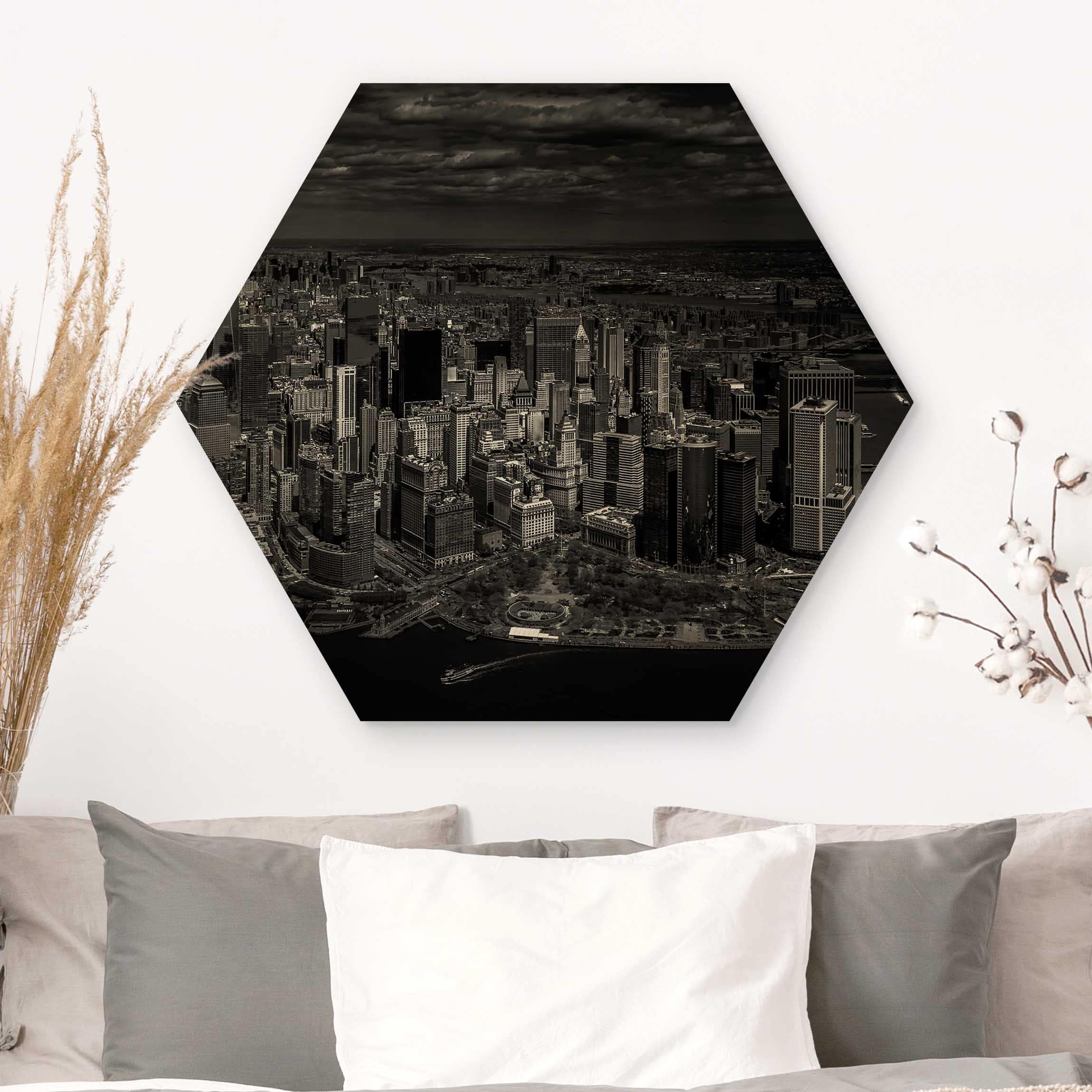 Hexagon-Holzbild New York - Manhattan aus der Luft