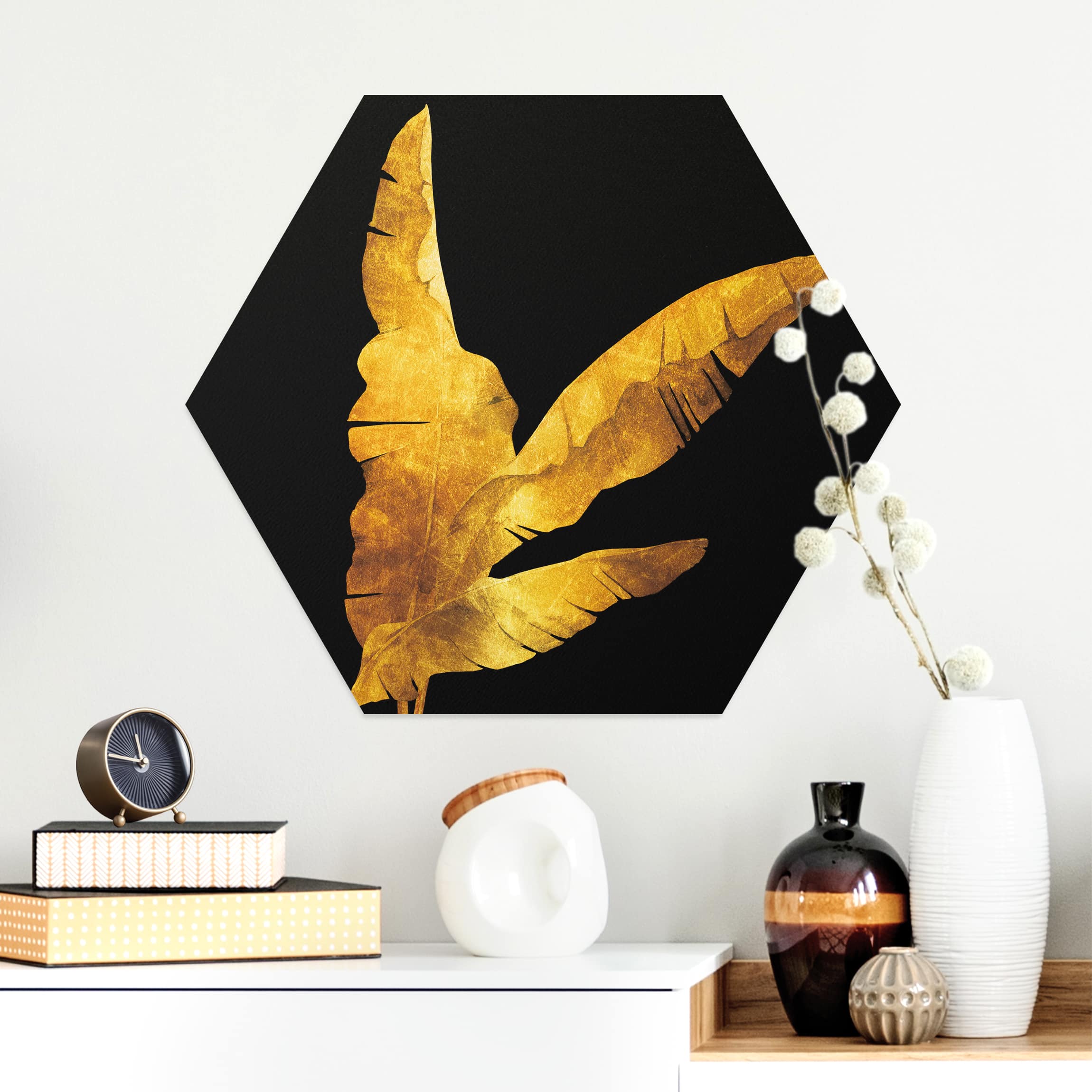 Hexagon-Alu-Dibond Bild Gold - Bananenpalme auf Schwarz