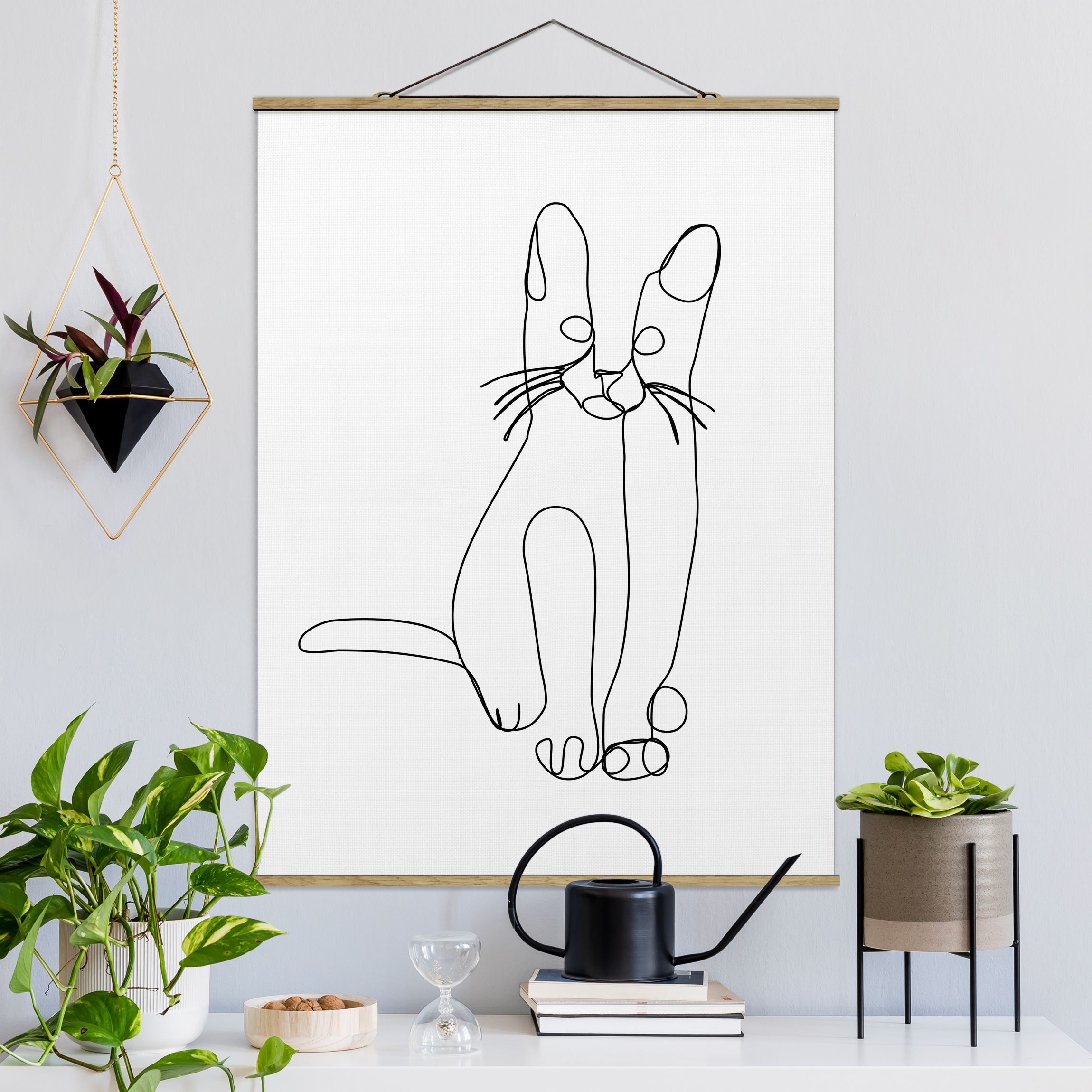 Stoffbild mit Posterleisten Katze Line Art