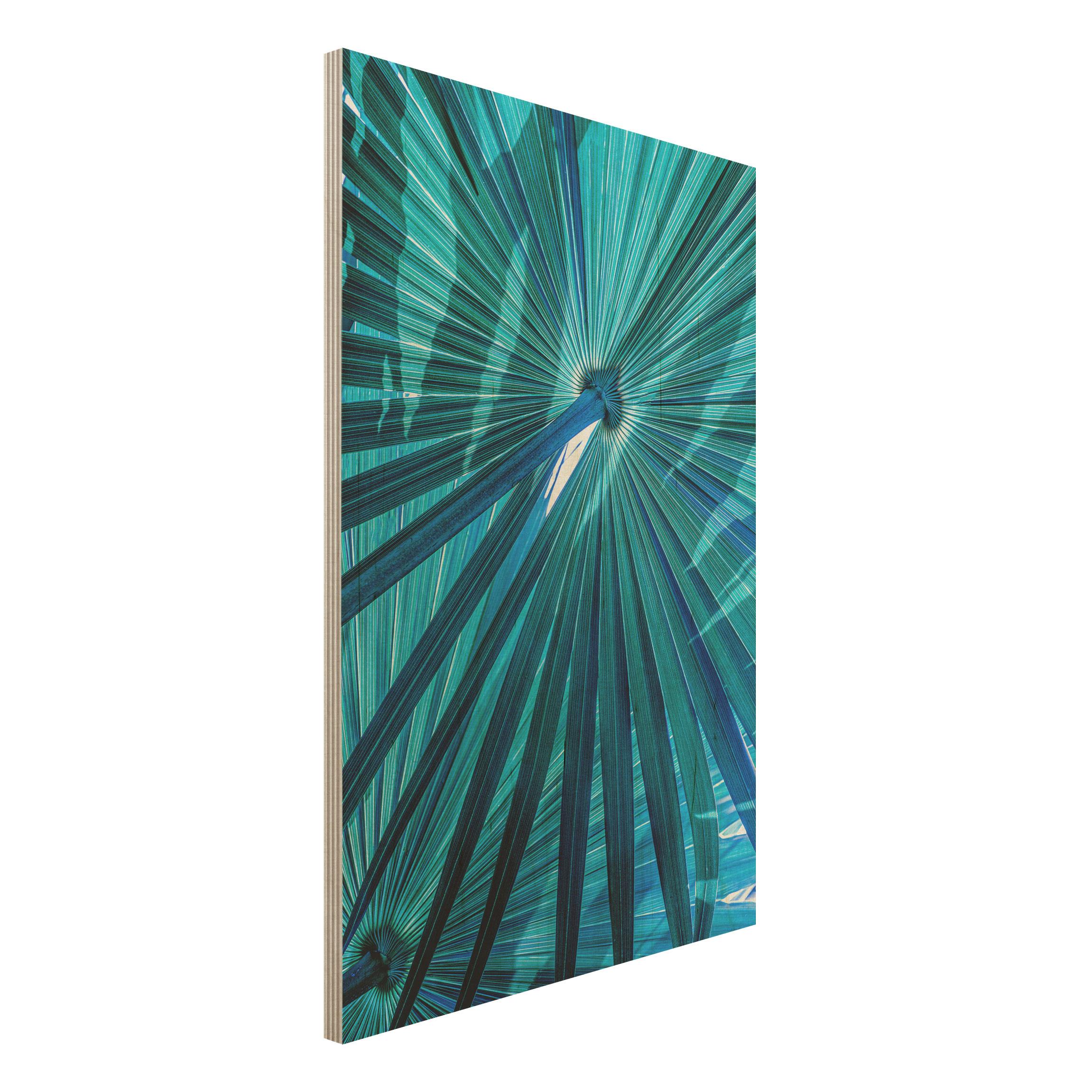 Holzbild Tropische Pflanzen Palmenblatt in Türkis