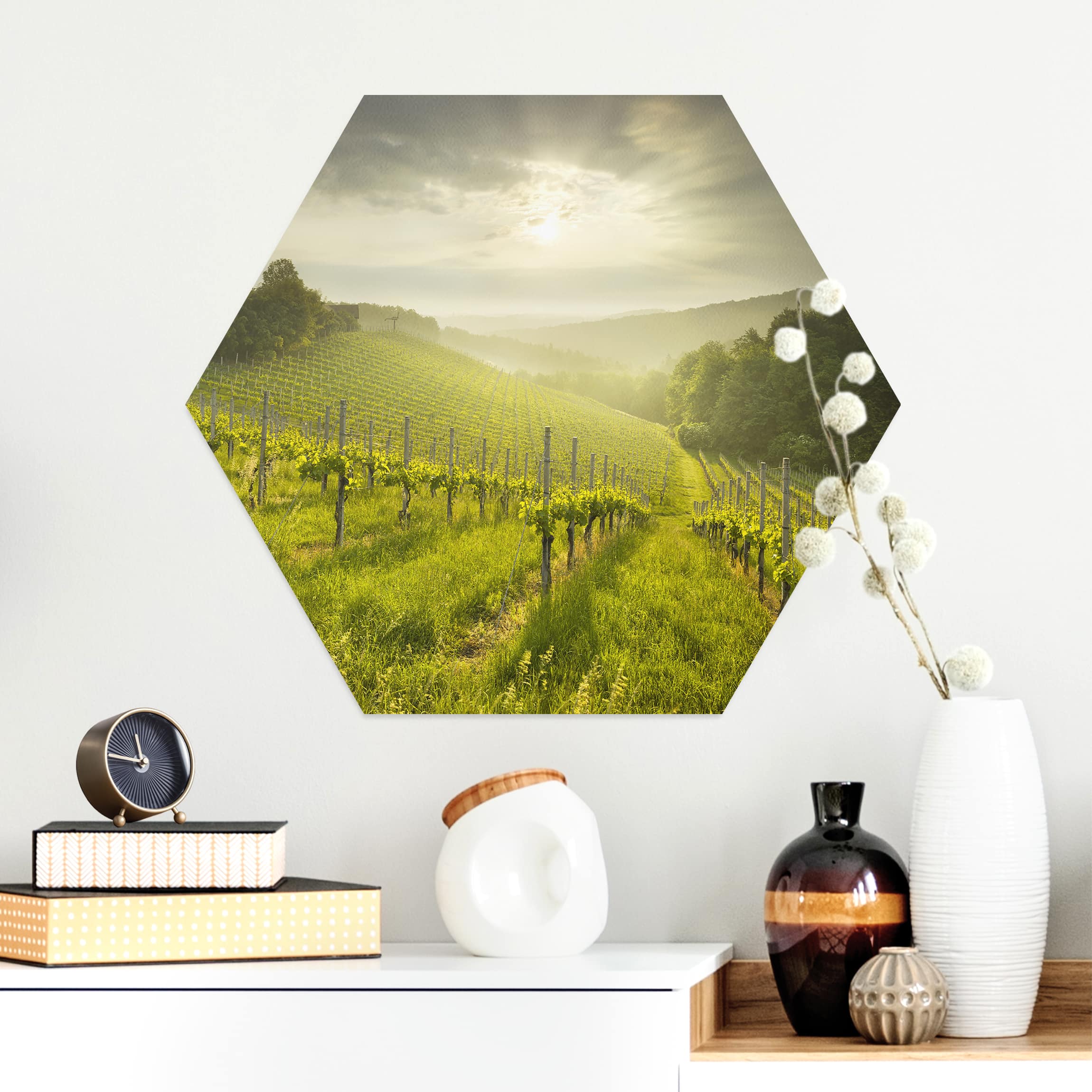 Hexagon-Alu-Dibond Bild Sonnenstrahlen Weinberg