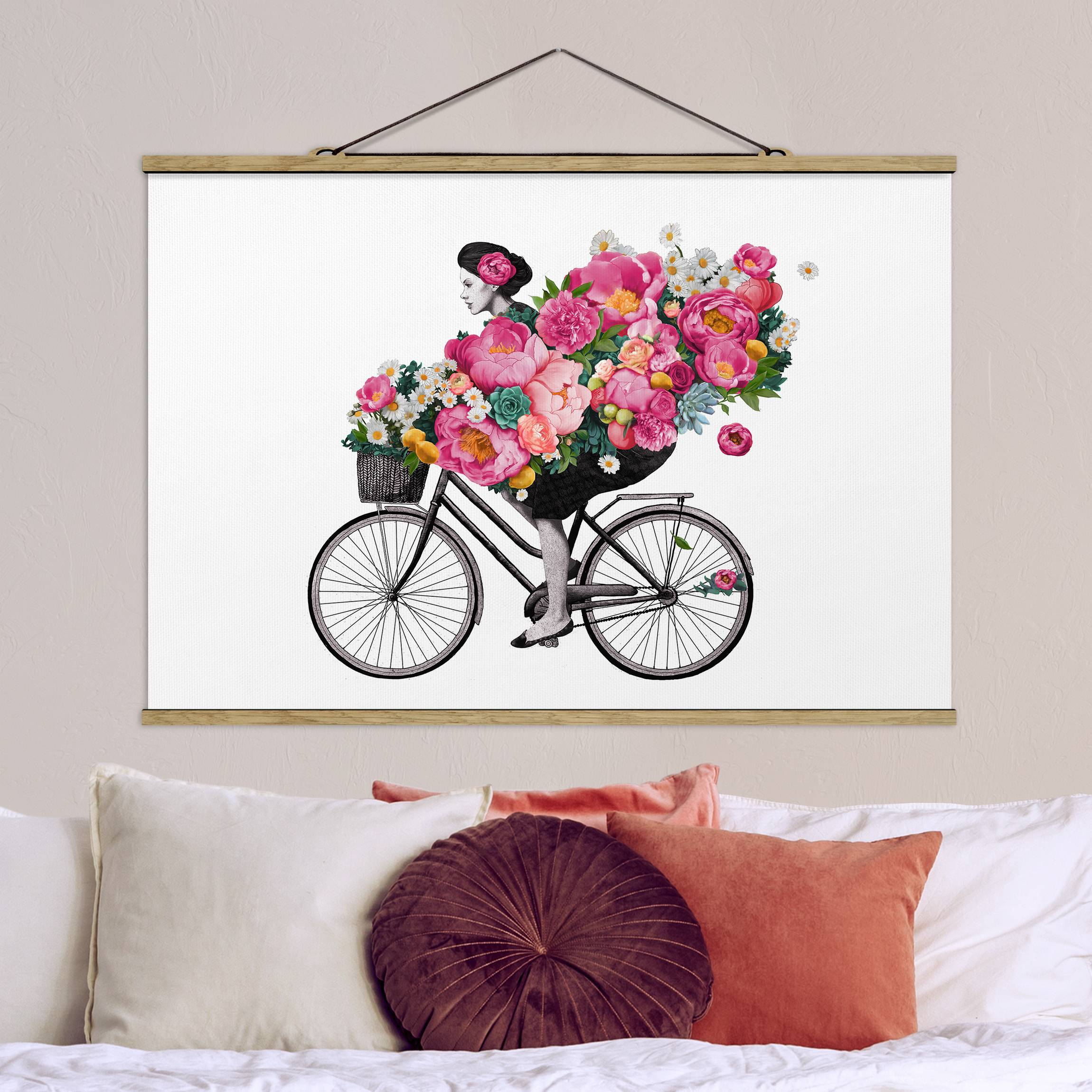 Stoffbild - Querformat Illustration Frau auf Fahrrad Collage bunte Blumen