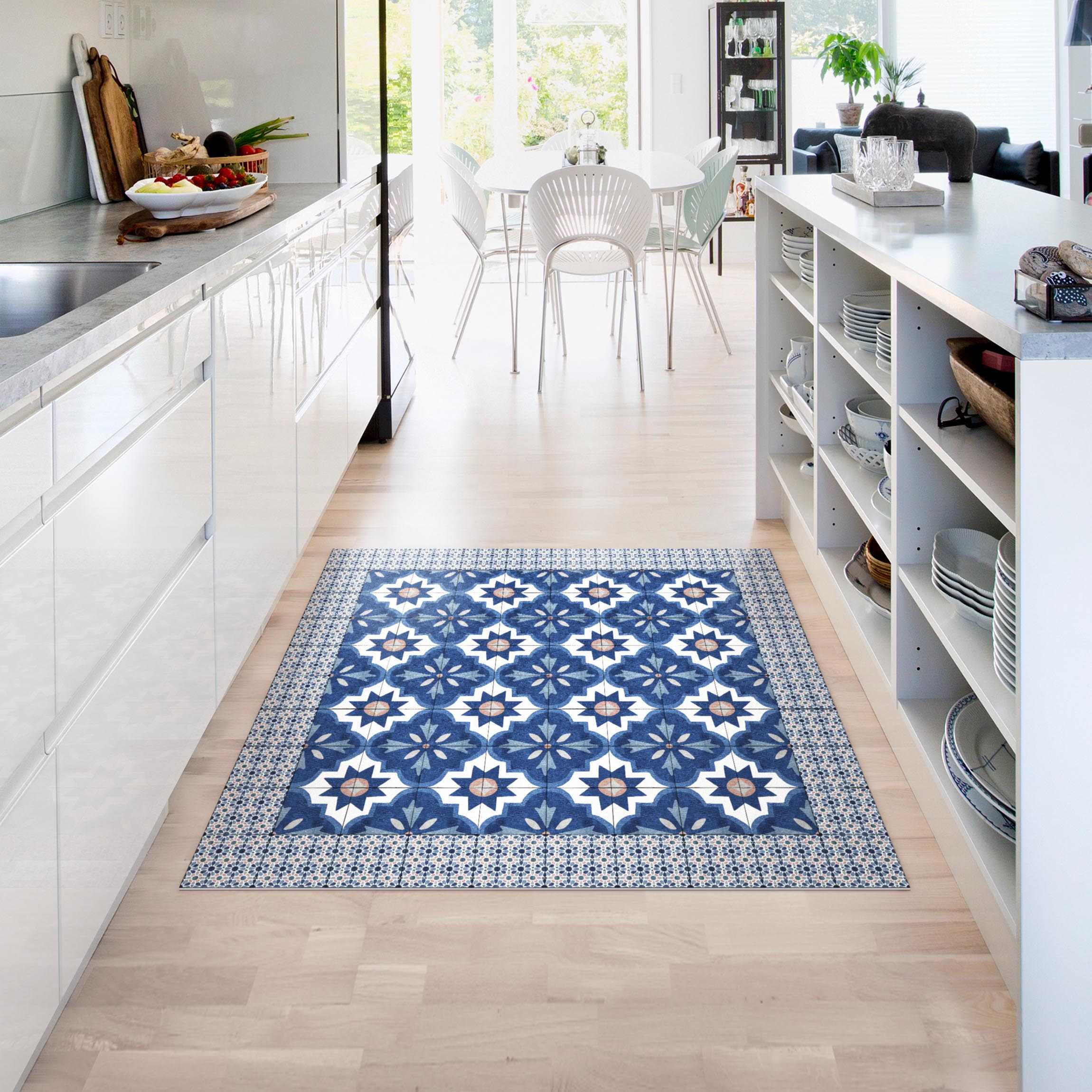 Vinylteppich Marokkanische Fliesen Aquarellblumen mit Fliesenrahmen