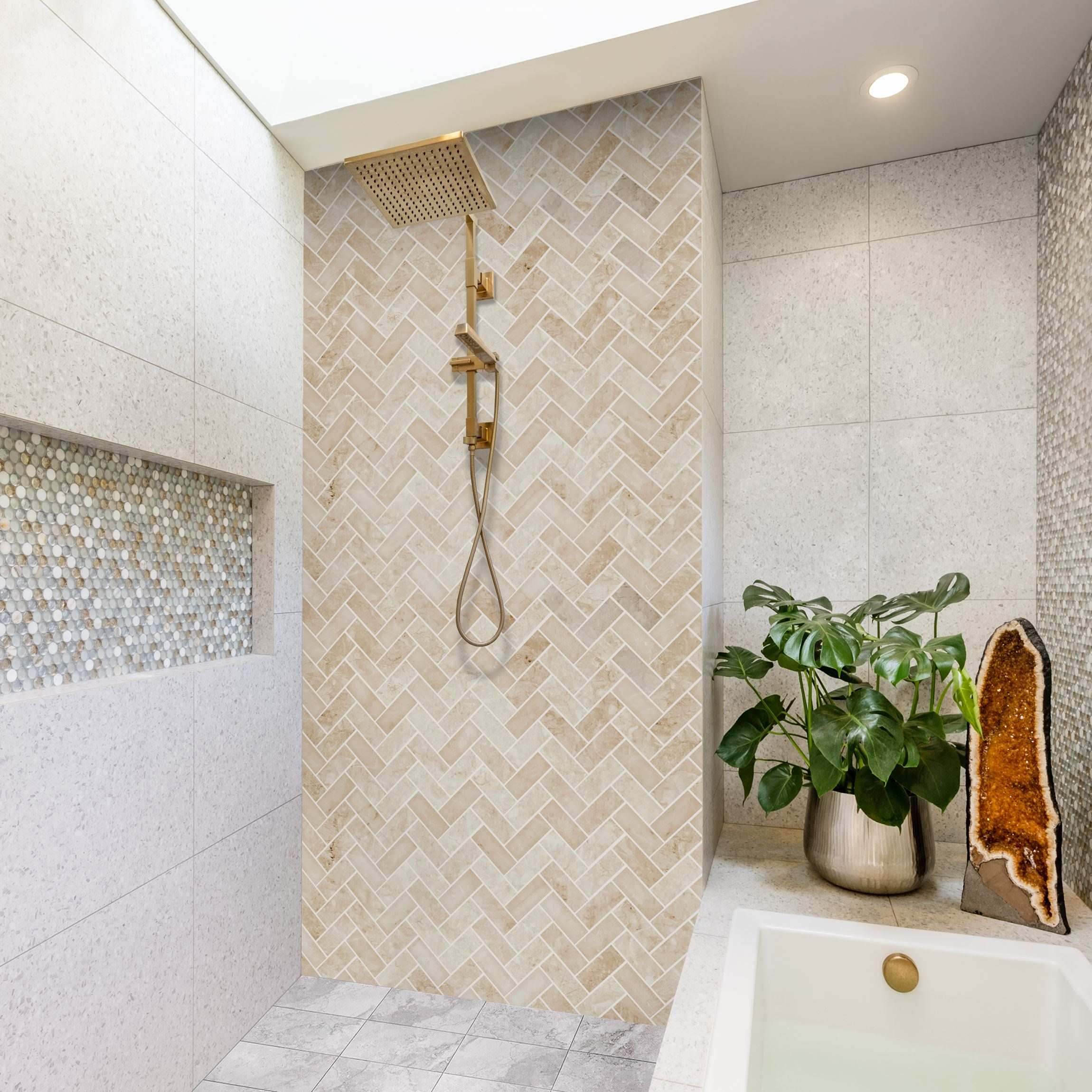 Duschrückwand Marmor Fischgräten Fliesen - Beige