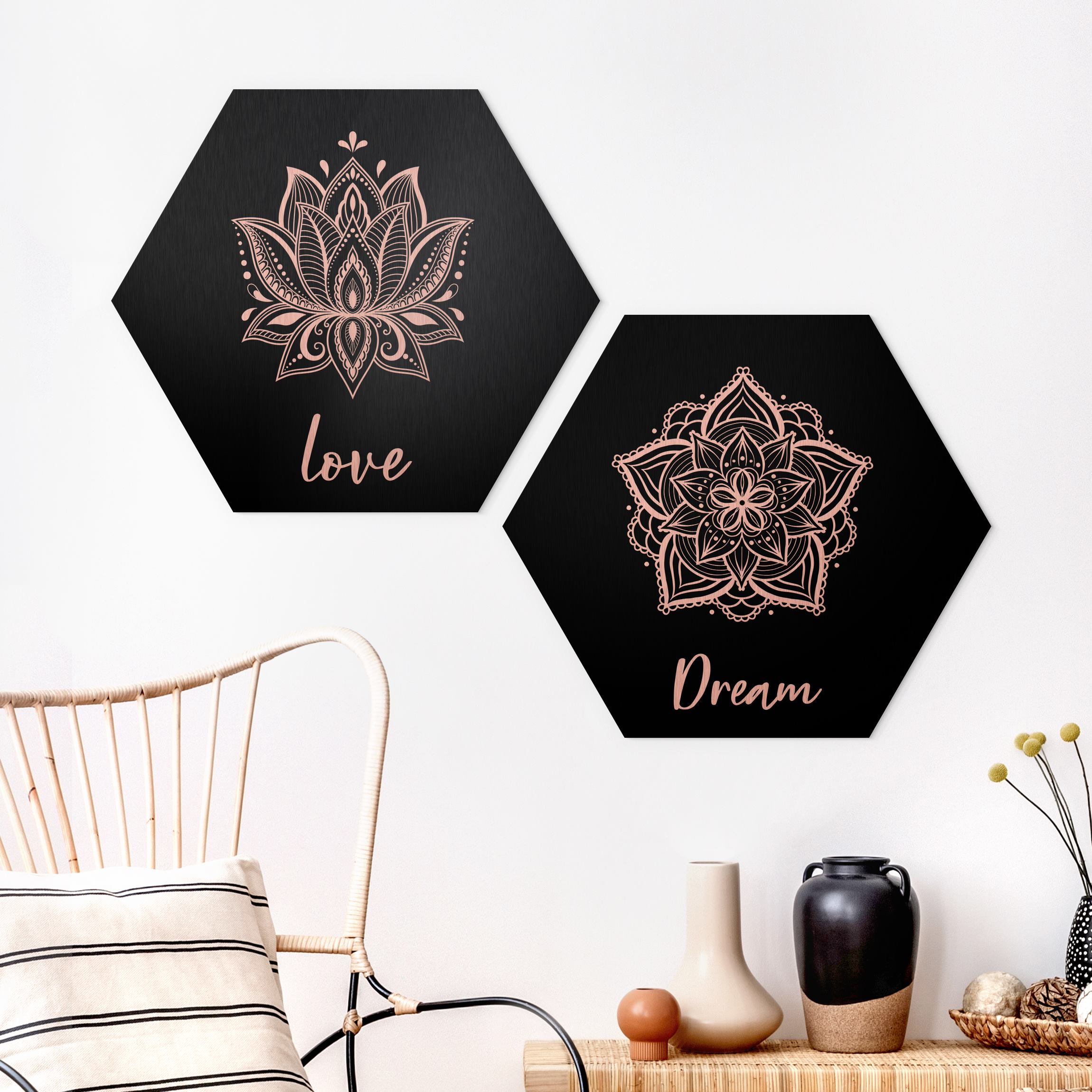2-teiliges Hexagon-Alu-Dibond Bild Mandala Dream Love Set Schwarz