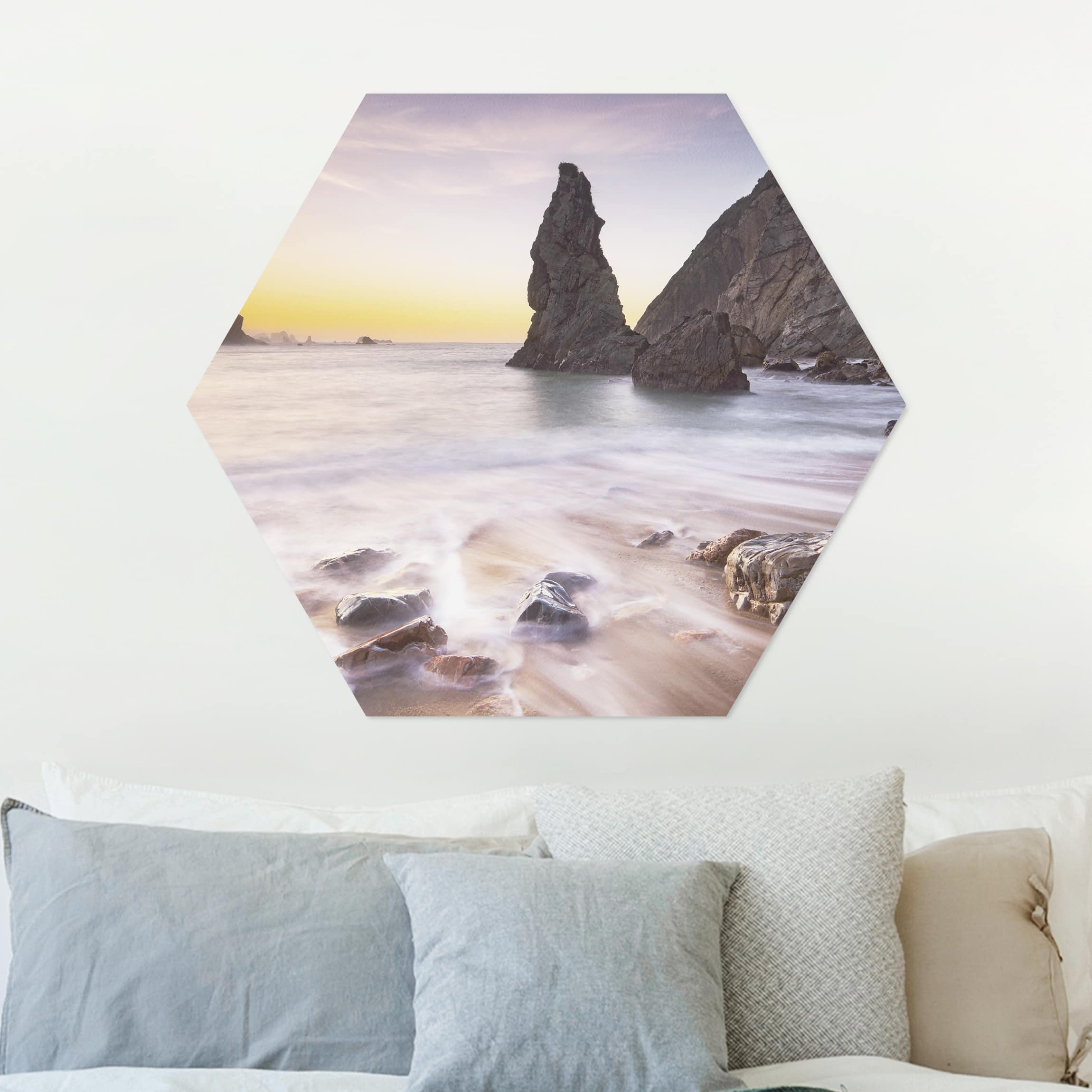 Hexagon-Alu-Dibond Bild Spanischer Strand bei Sonnenaufgang