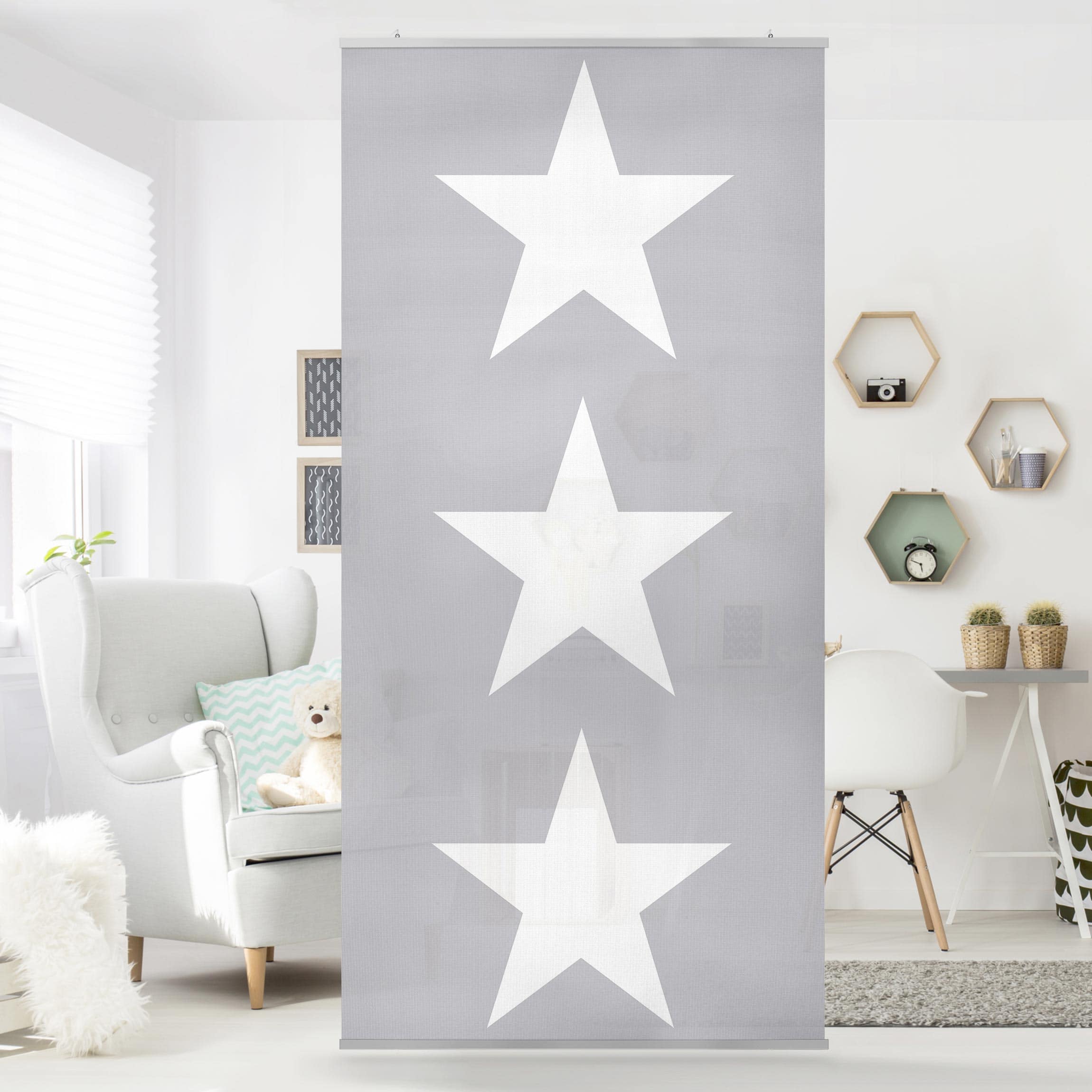 Raumteiler Große weiße Sterne auf grau