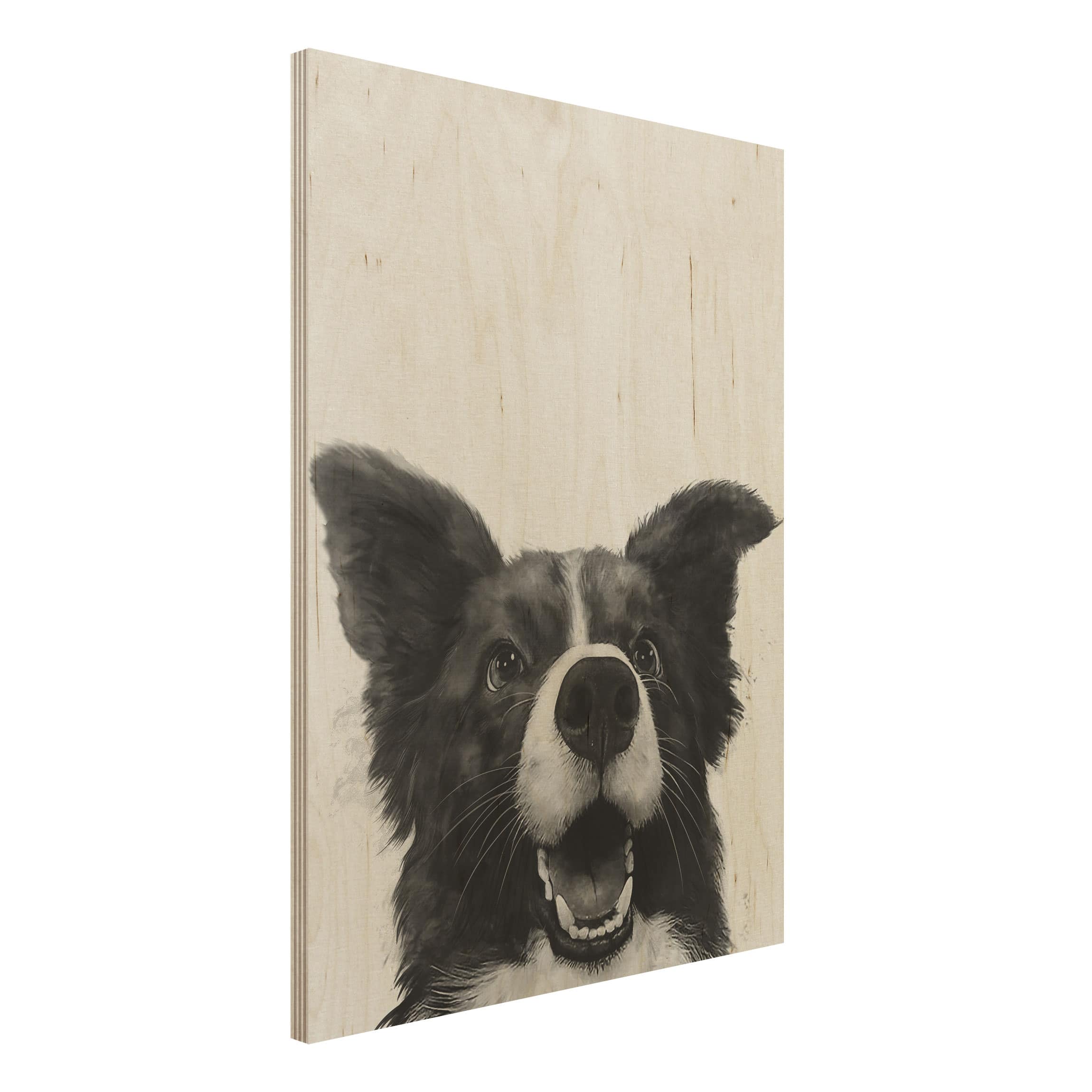 Holzbild - Hochformat 3:4 Illustration Hund Border Collie Schwarz Weiß Malerei