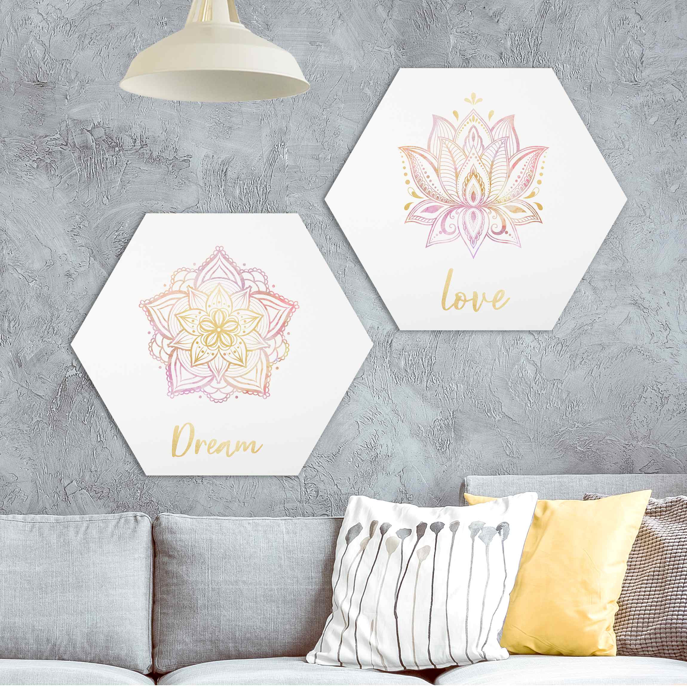 2-teiliges Hexagon-Alu-Dibond Bild Mandala Dream Love Set Gold Rosa