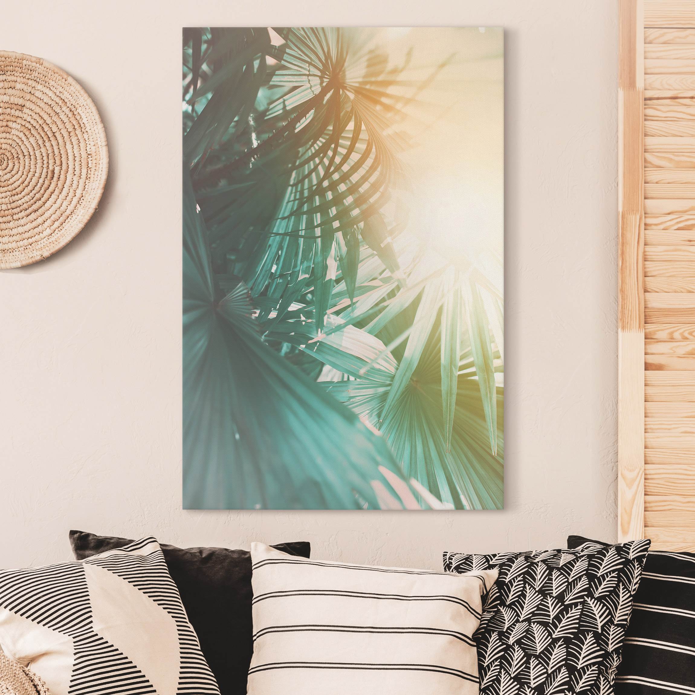 Leinwandbild Tropische Pflanzen Palmen bei Sonnenuntergang