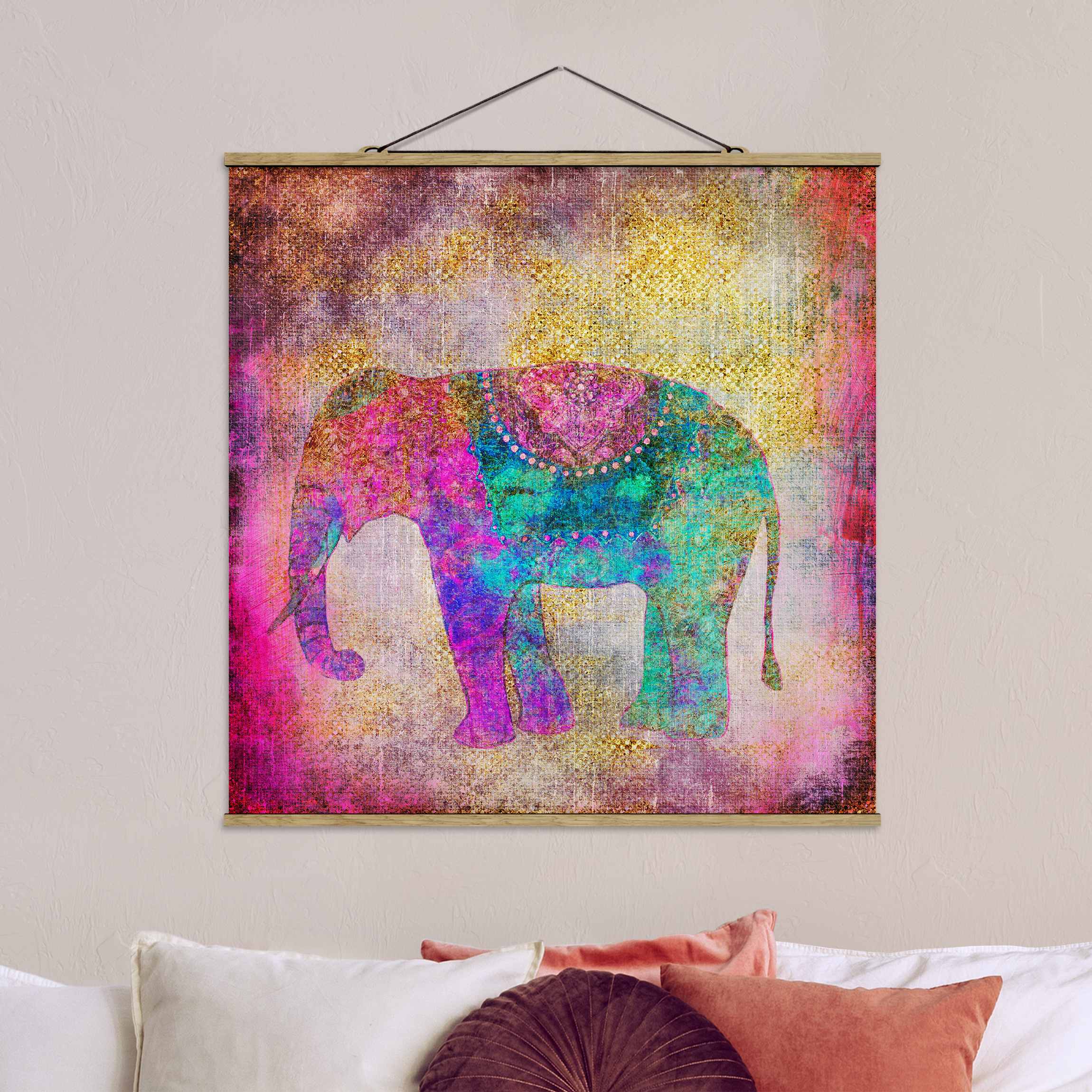 Stoffbild mit Posterleisten Bunte Collage - Indischer Elefant