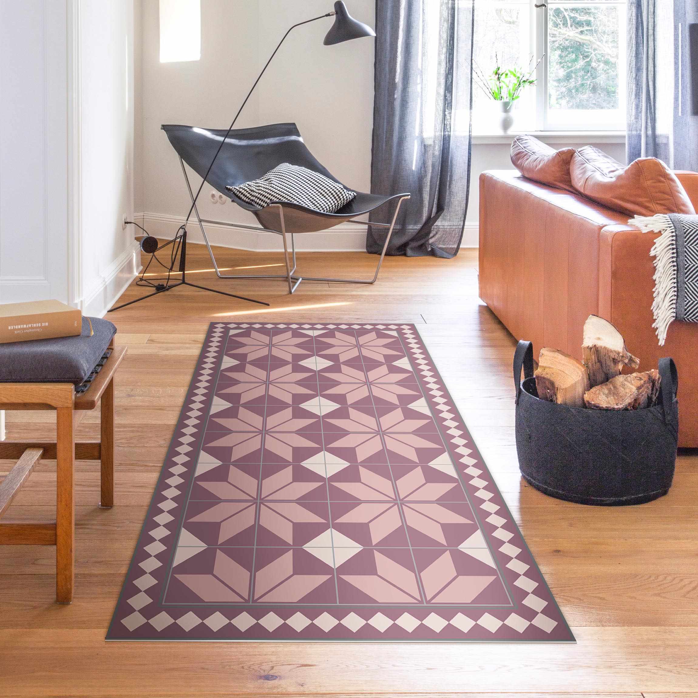 Vinylteppich Geometrische Fliesen Sternblume Altrosa mit schmaler Bordüre