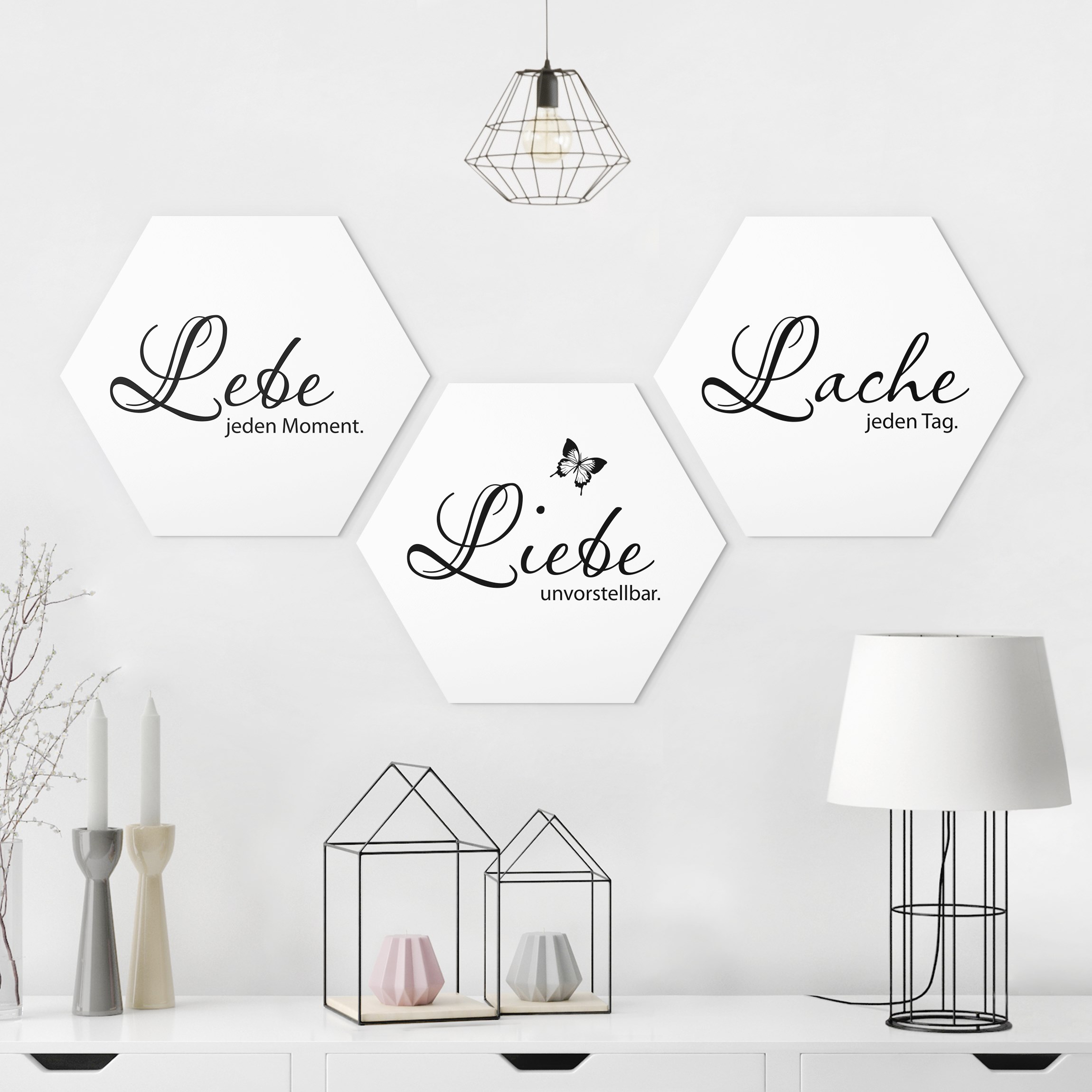 3-teiliges Hexagon-Alu-Dibond Bild Lebe jeden Moment