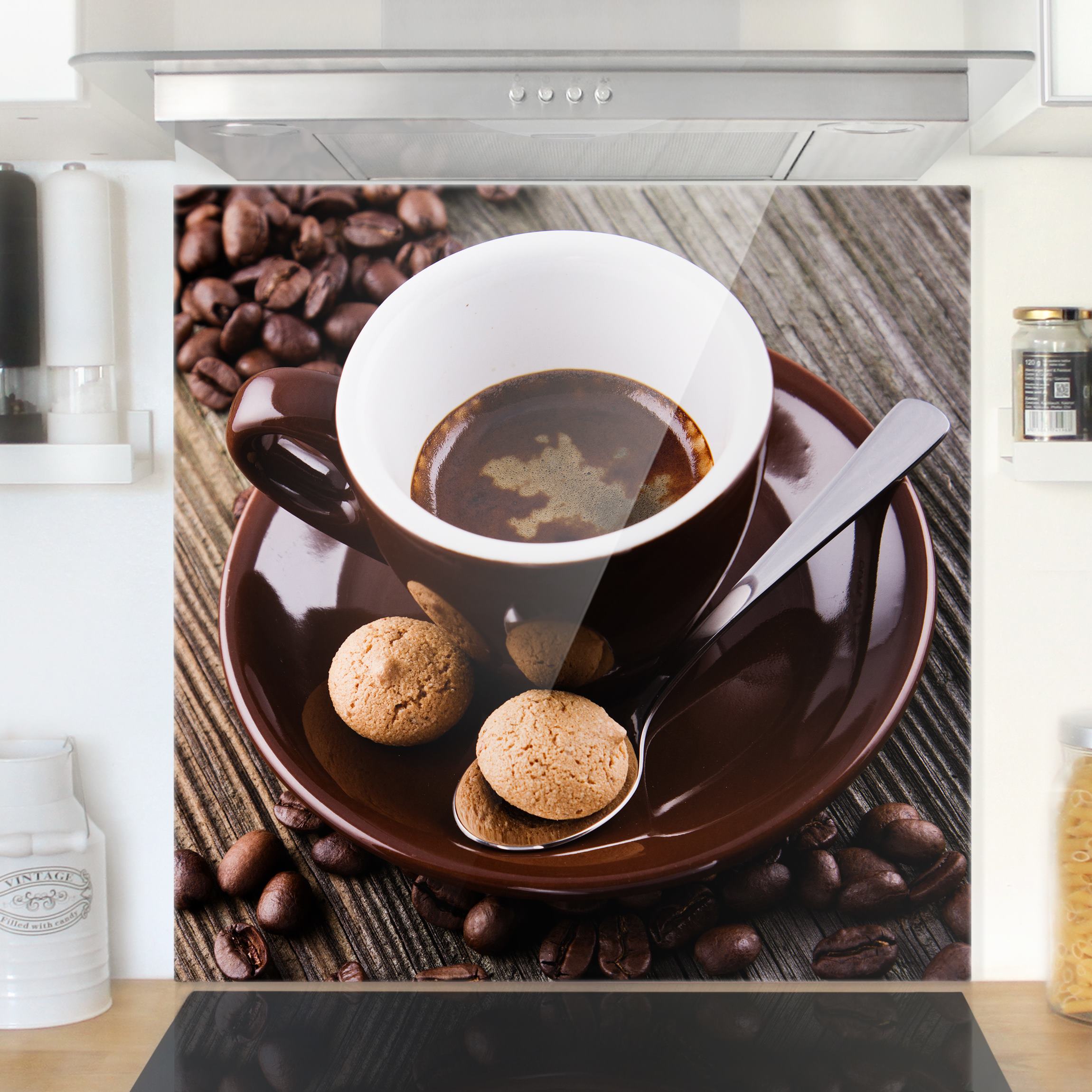 Glas Spritzschutz Kaffeetasse mit Kaffeebohnen
