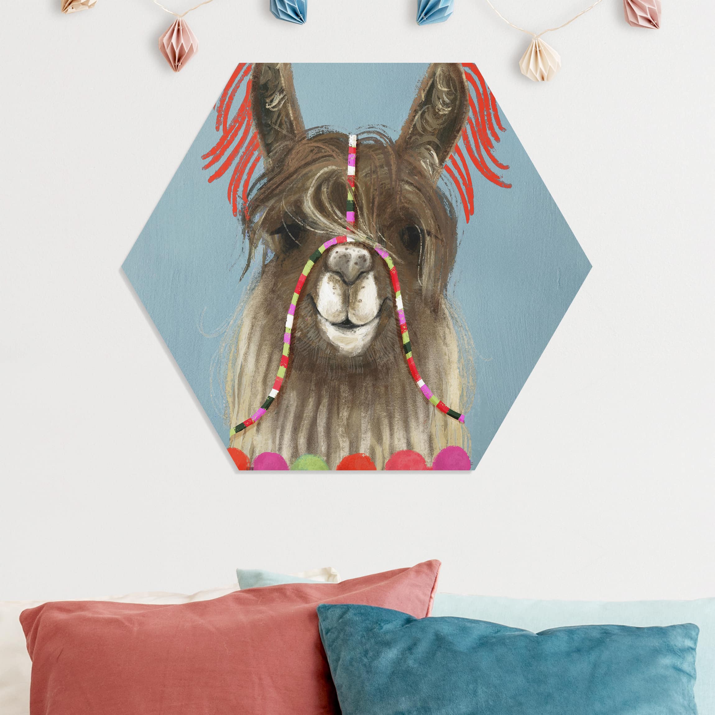 Hexagon-Forexbild Lama mit Schmuck I