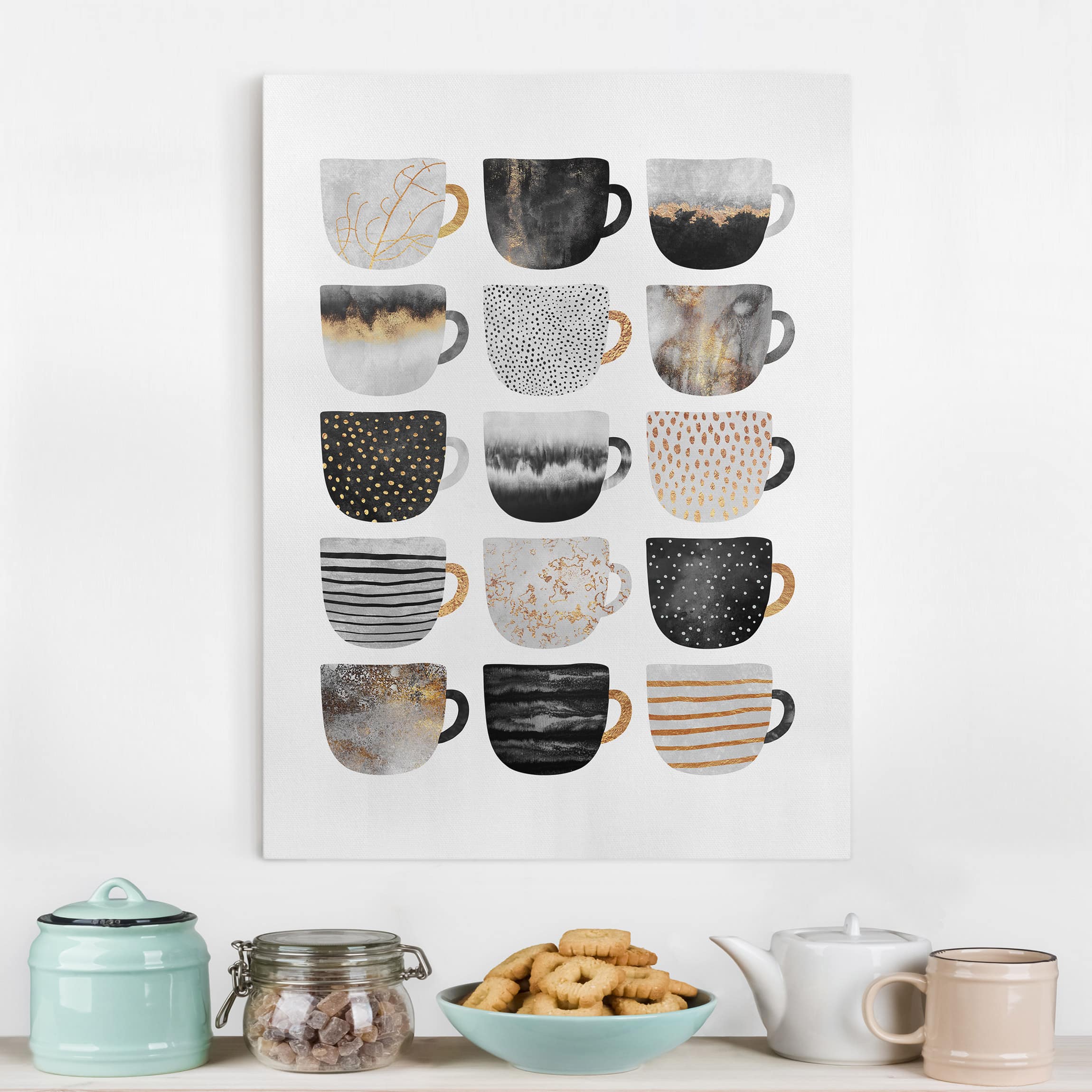 Leinwandbild Goldene Tassen Schwarz Weiß