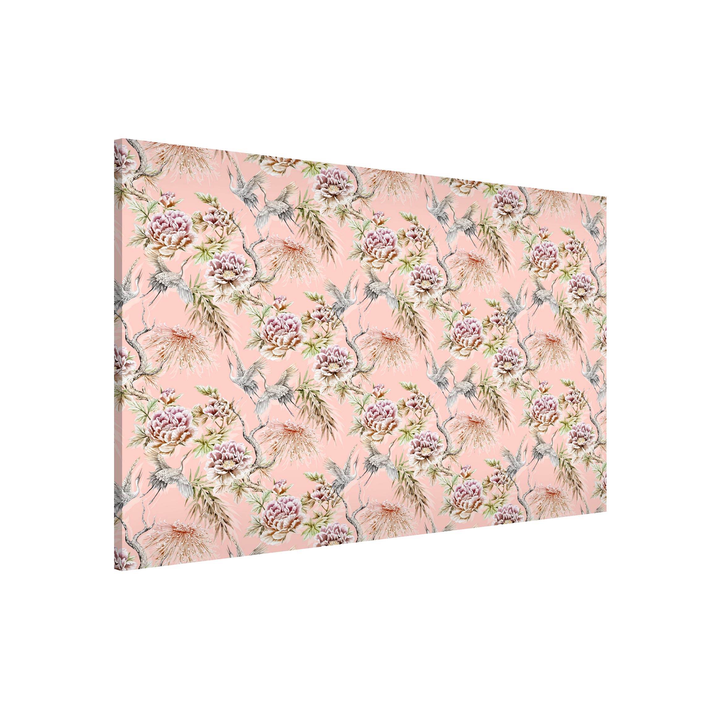 Magnettafel Aquarell Vögel mit großen Blüten vor Rosa
