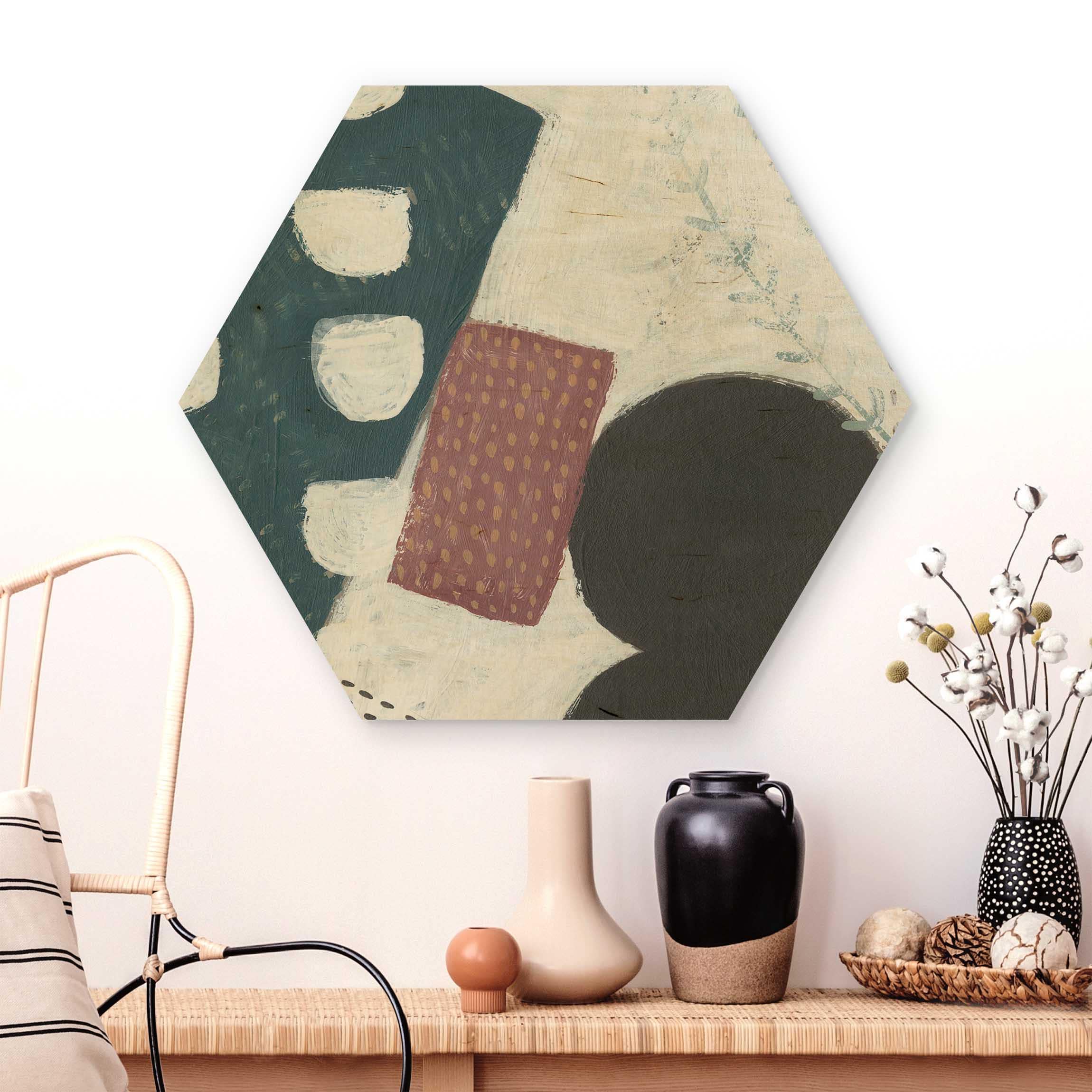 Hexagon-Holzbild Karneval der Formen in Petrol I