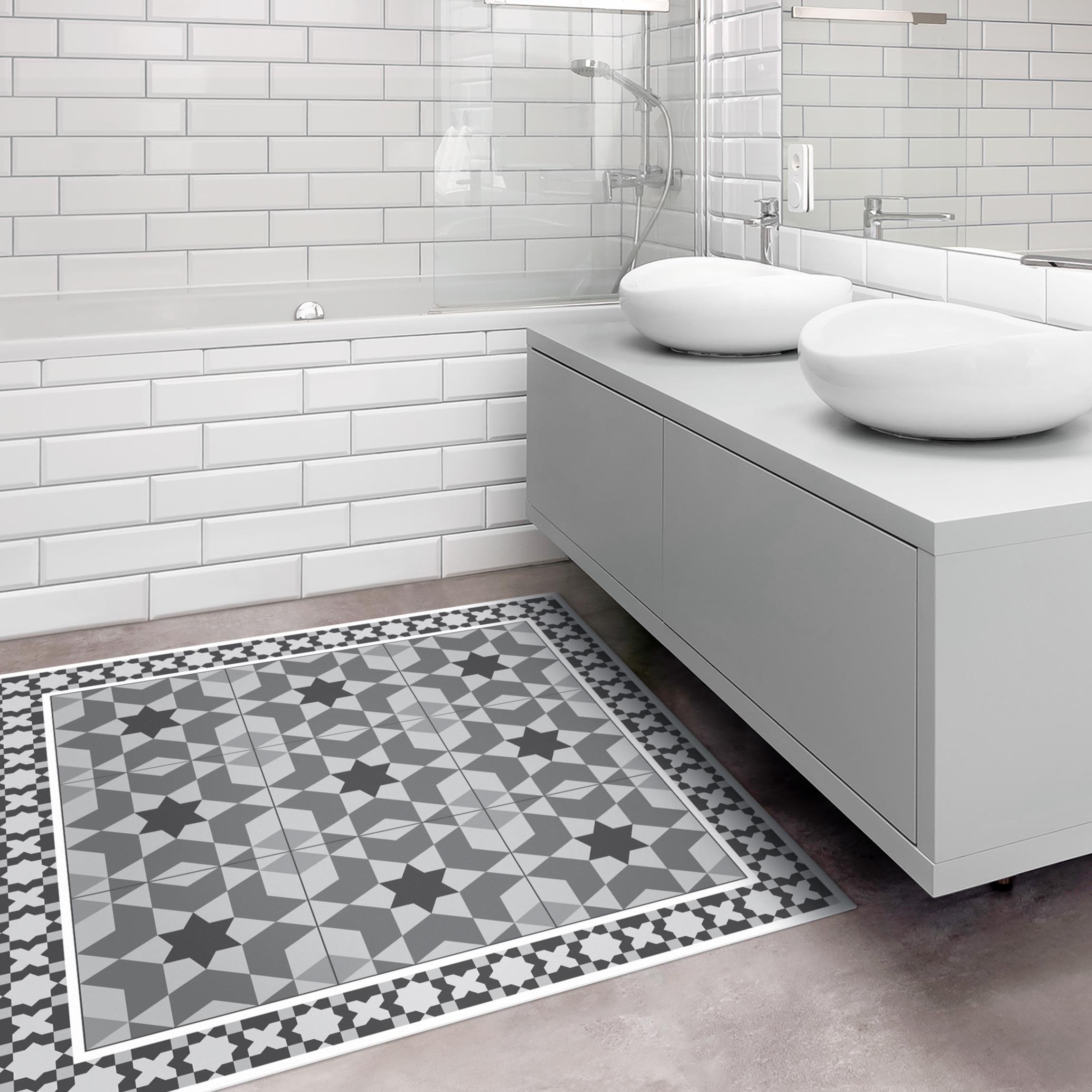 Vinylteppich Geometrische Fliesen Kaleidoskop Grau mit Bordüre