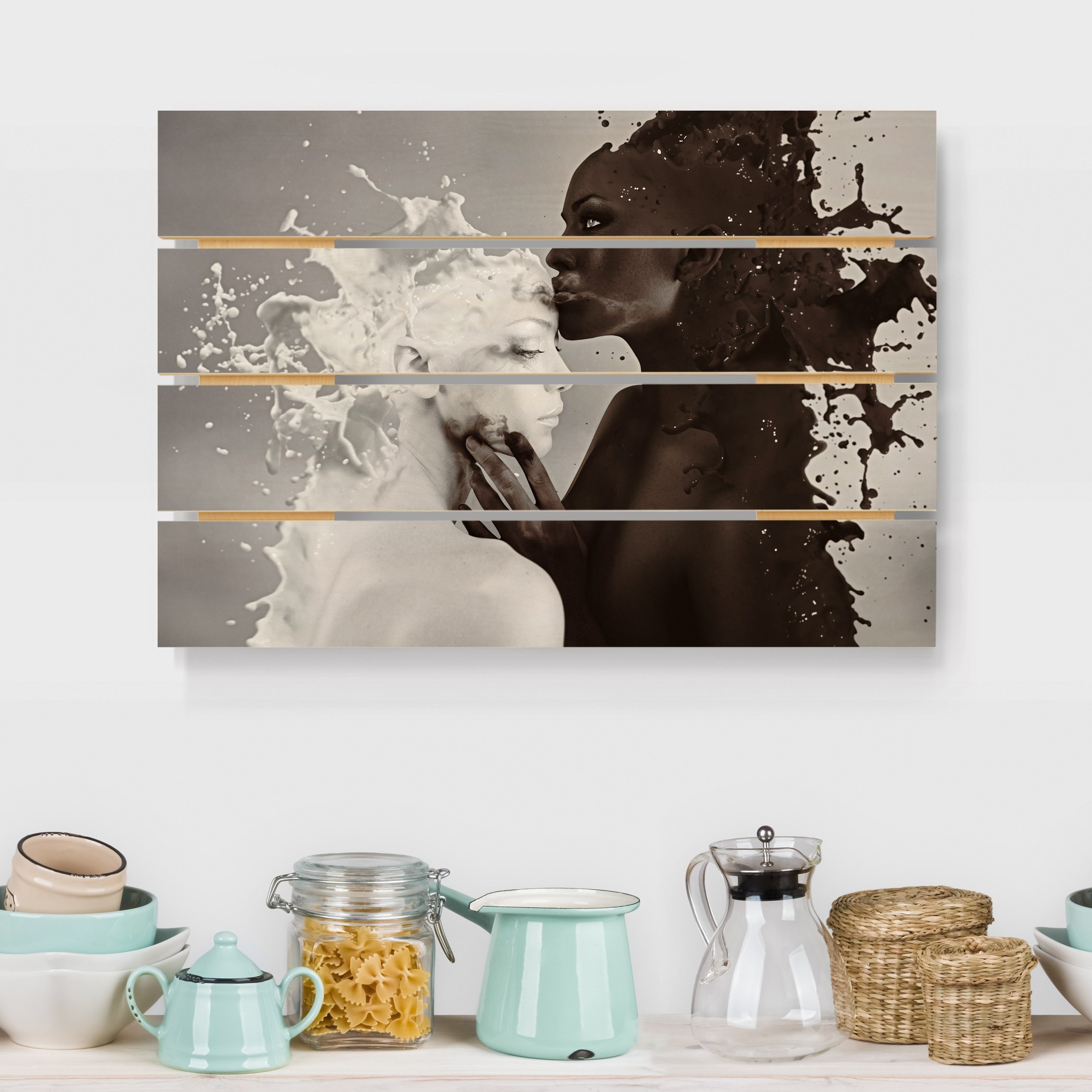 Holzbild Plankenoptik Milch & Kaffee Kuss