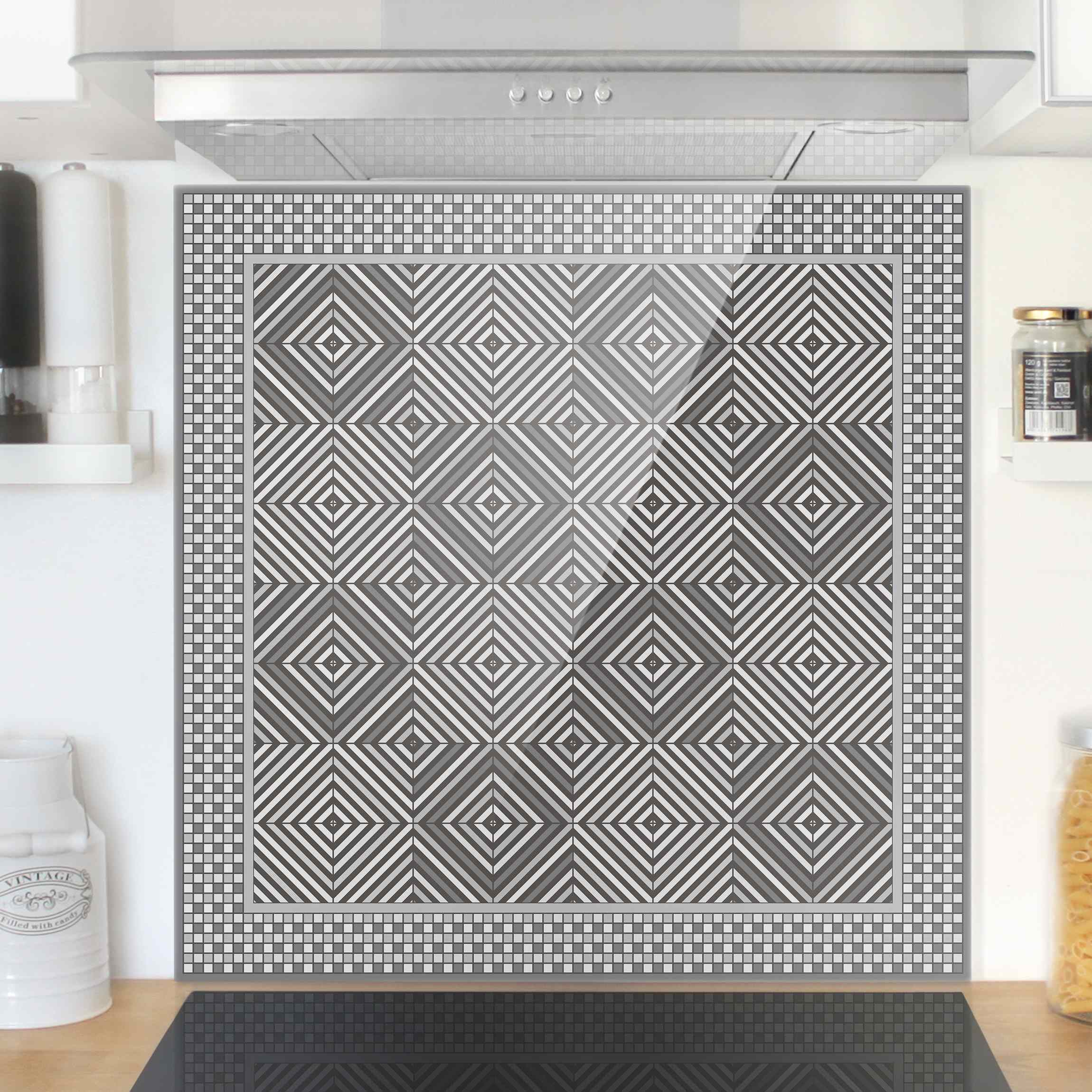Spritzschutz Geometrische Fliesen Strudel Grau mit Mosaikrahmen