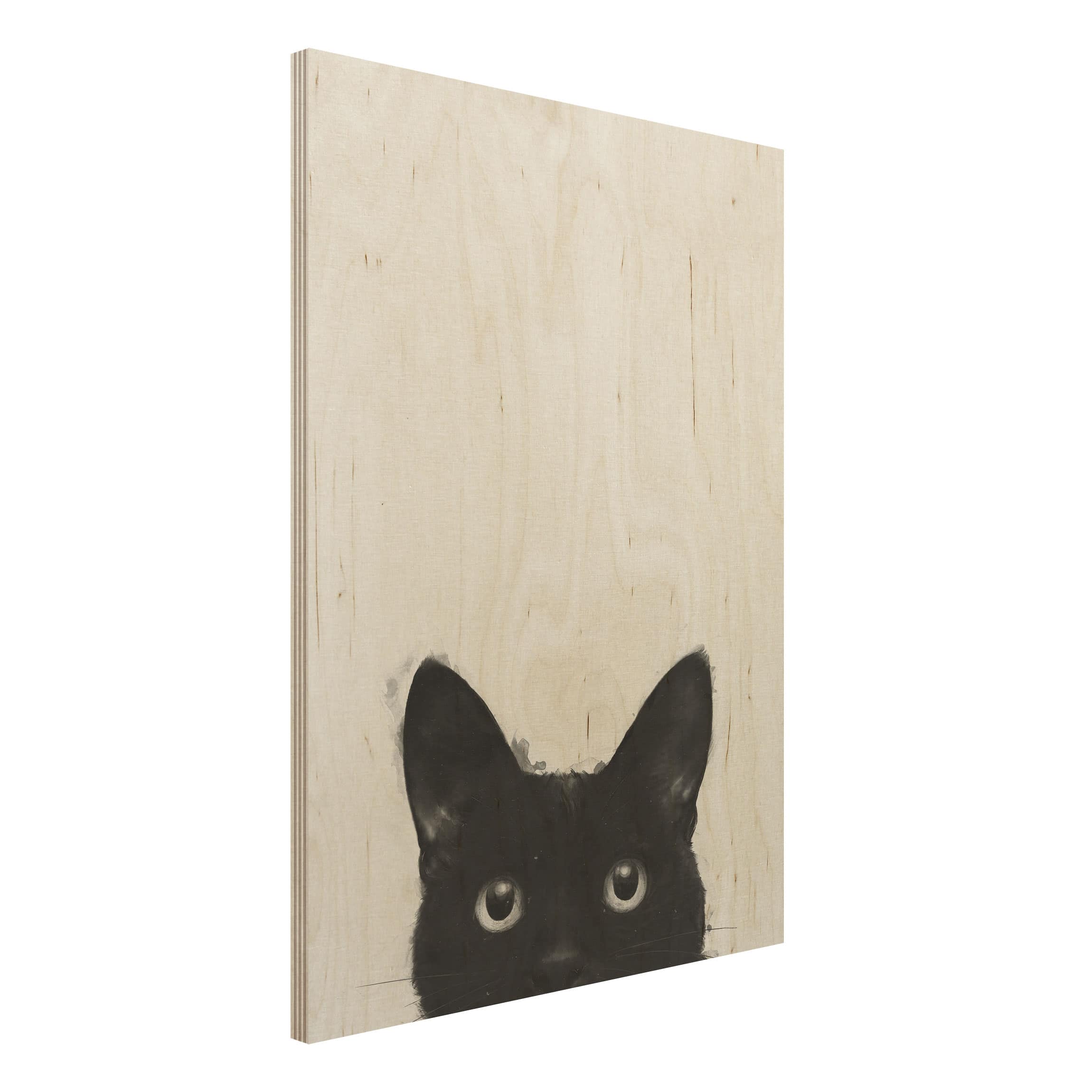 Holzbild - Hochformat 3:4 Illustration Schwarze Katze auf Weiß Malerei