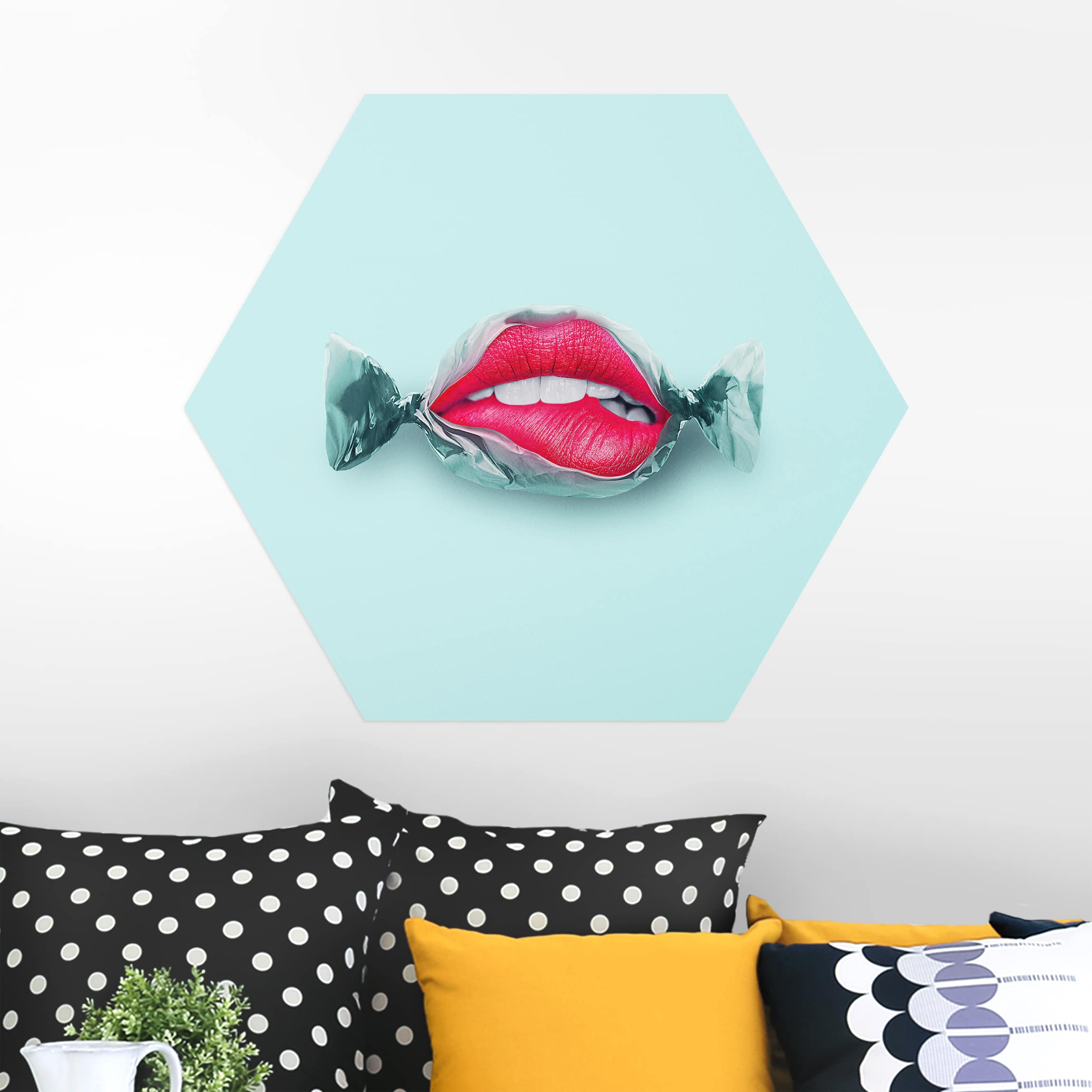 Hexagon-Alu-Dibond Bild Bonbon mit Lippen