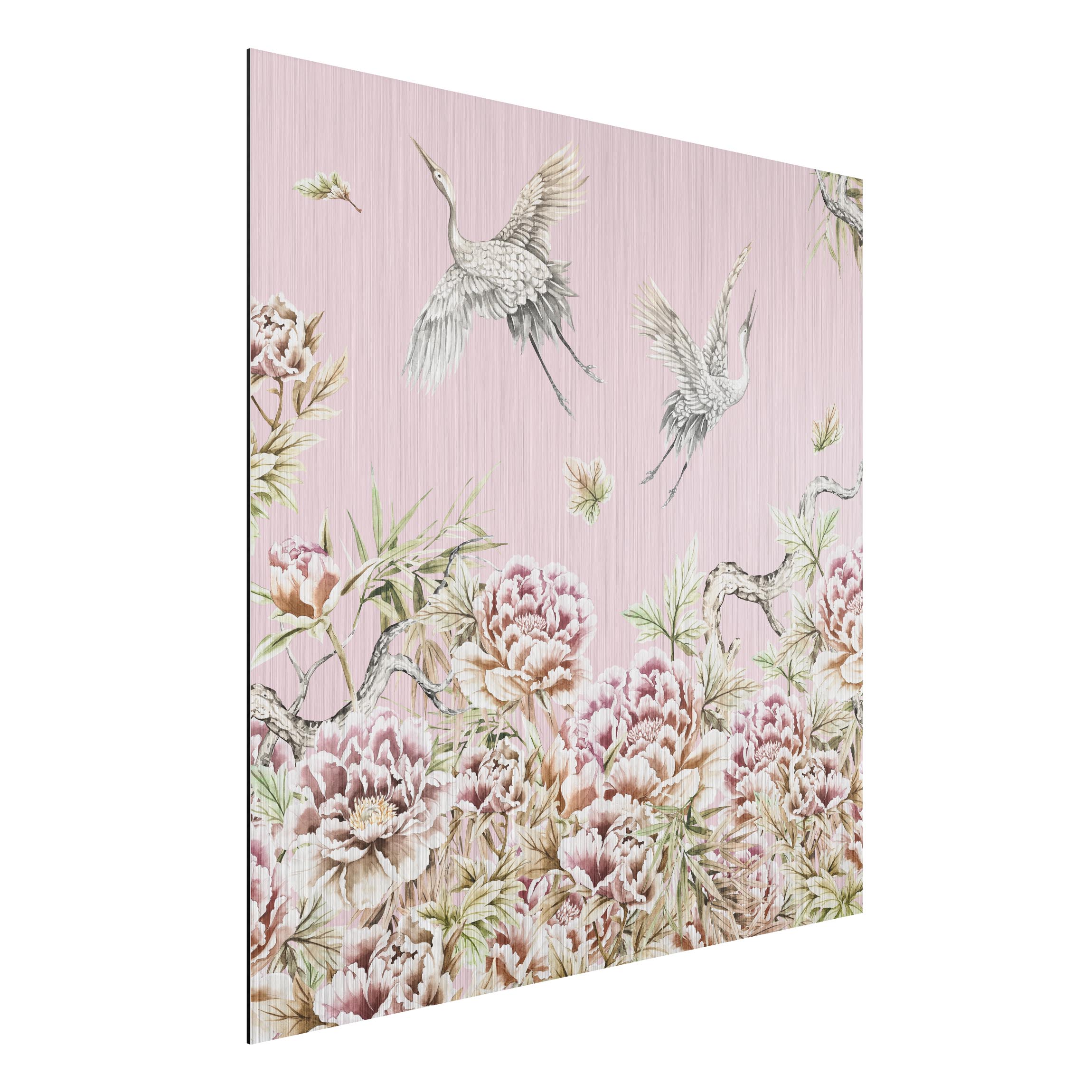 Alu-Dibond Bild Aquarell Störche im Flug mit Rosen auf Rosa