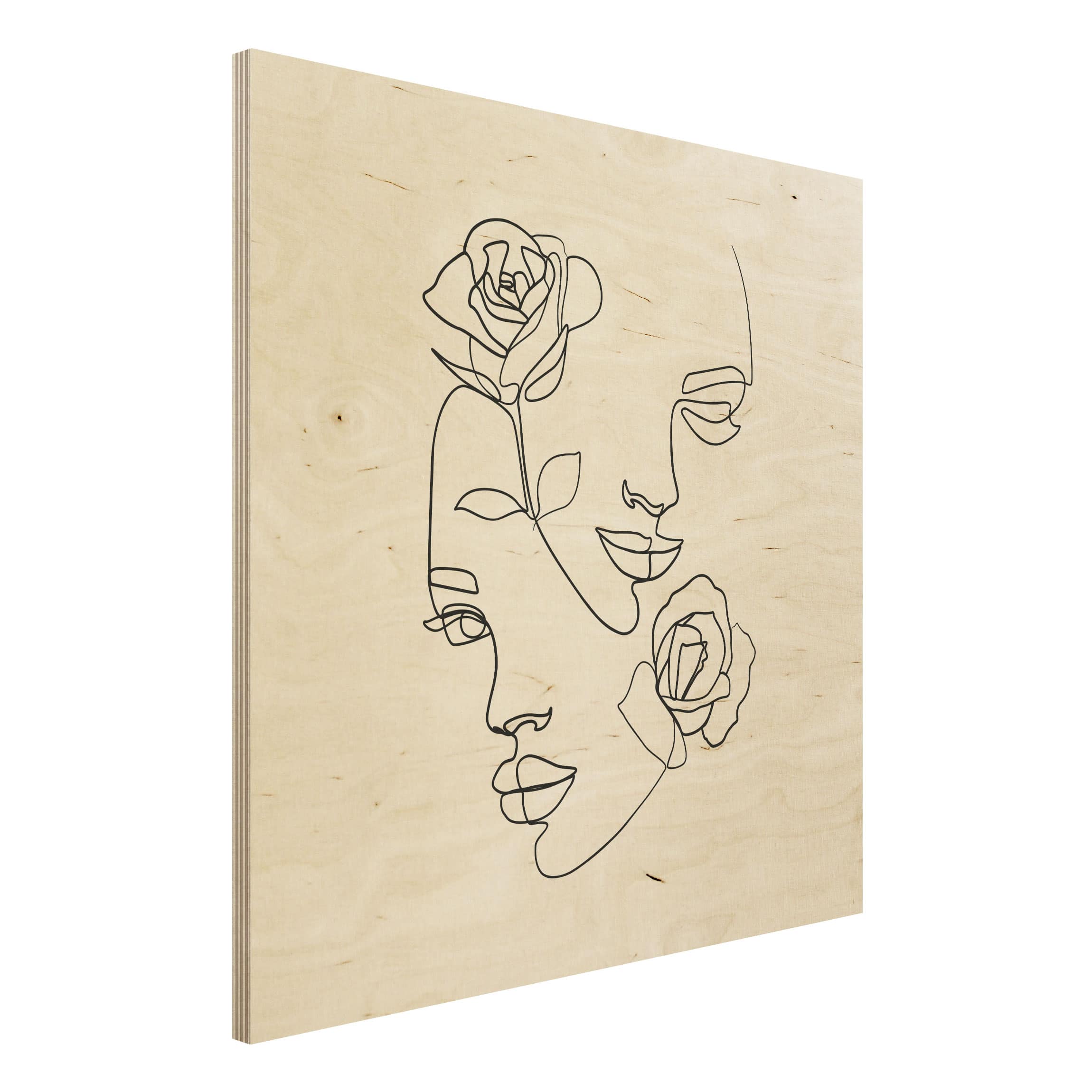 Holzbild - Quadrat Line Art Gesichter Frauen Rosen Schwarz Weiß