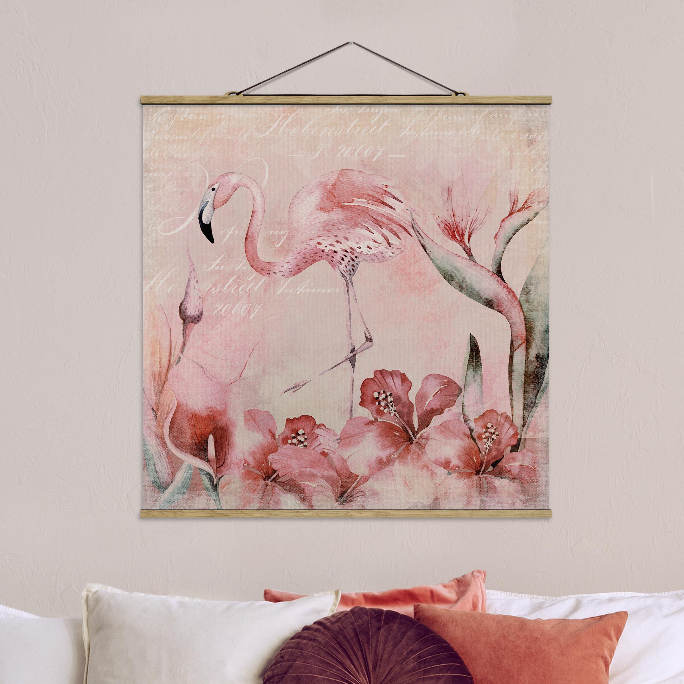 Stoffbild mit Posterleisten Shabby Chic Collage - Flamingo