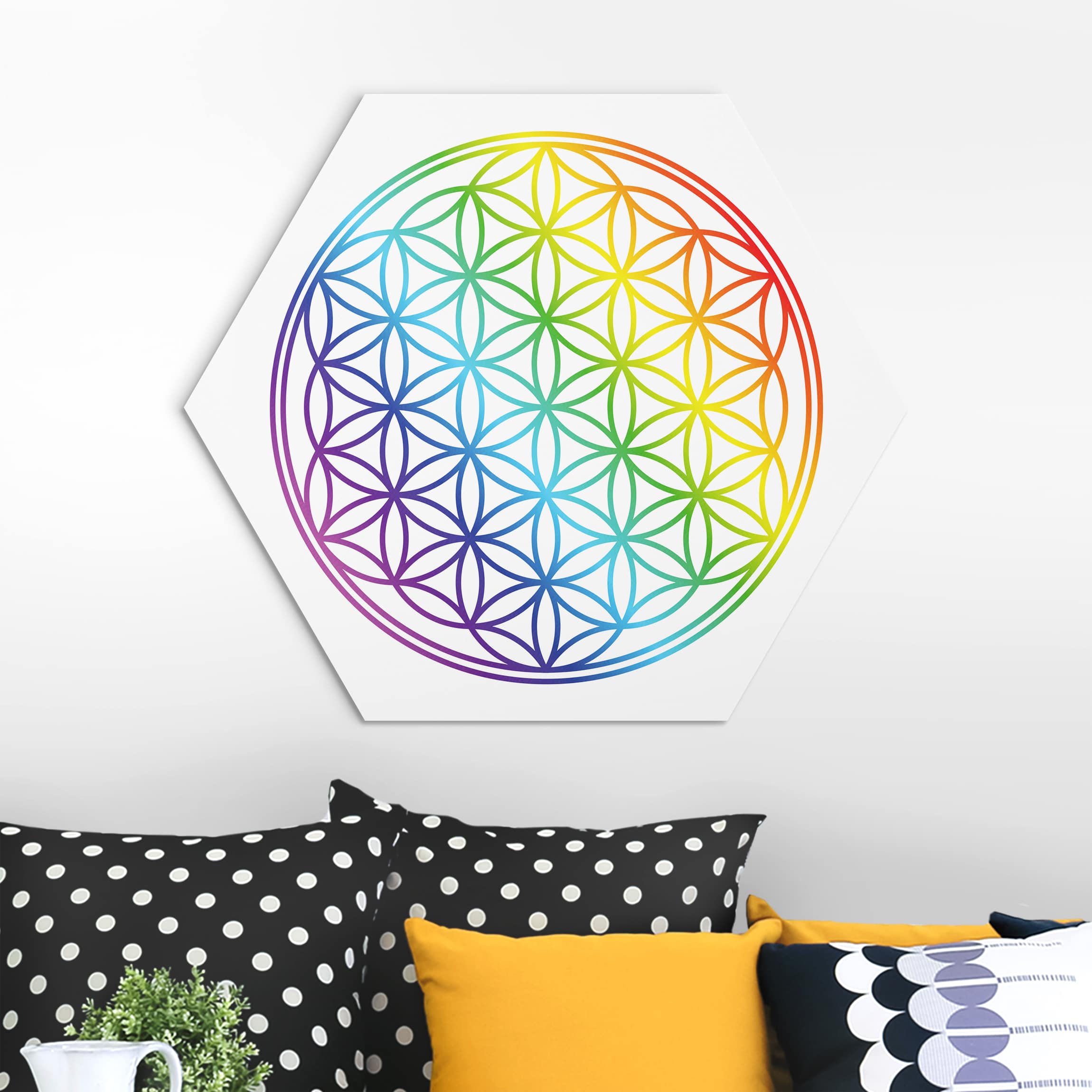 Hexagon-Alu-Dibond Bild Blume des Lebens Regenbogenfarbe