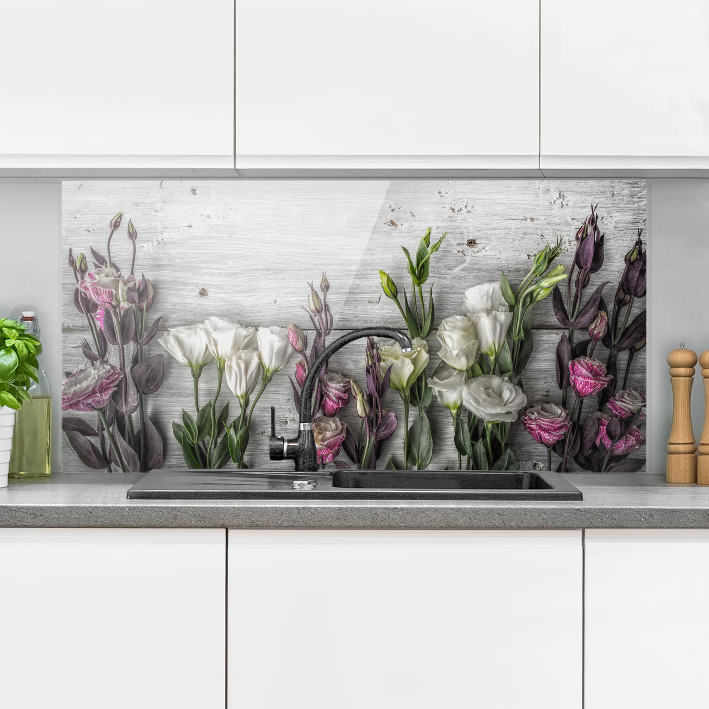Glas Spritzschutz Tulpen-Rose Shabby Holzoptik