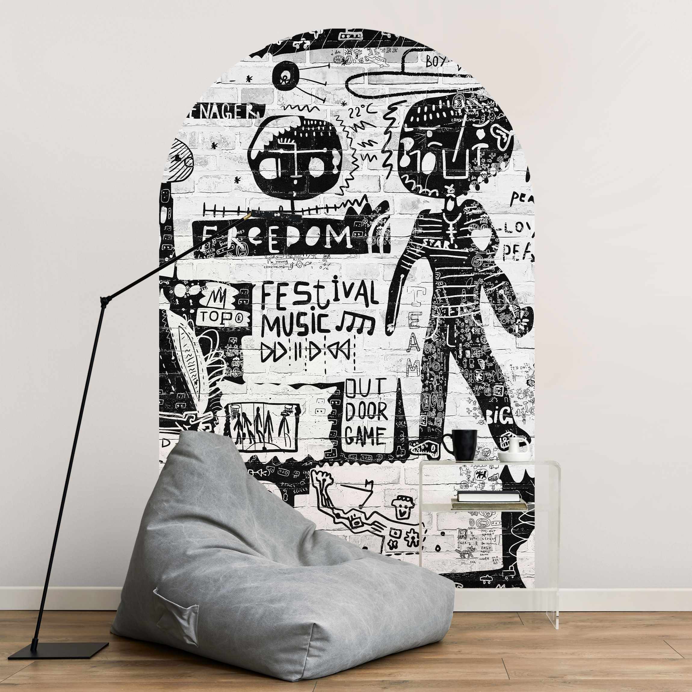 Rundbogen Tapete Abstract Graffiti Art Schwarz Weiß