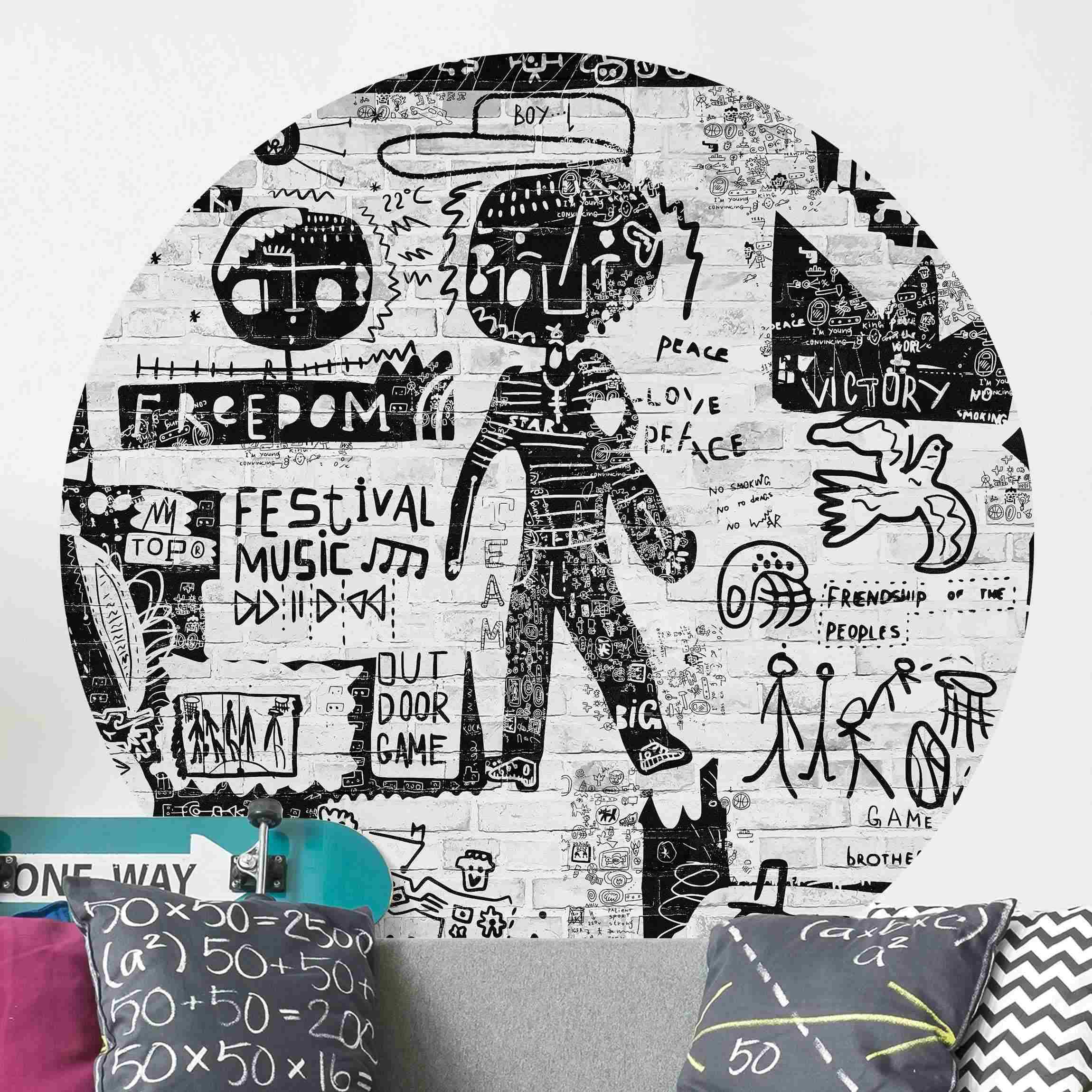 Runde Fototapete Abstract Graffiti Art Schwarz Weiß