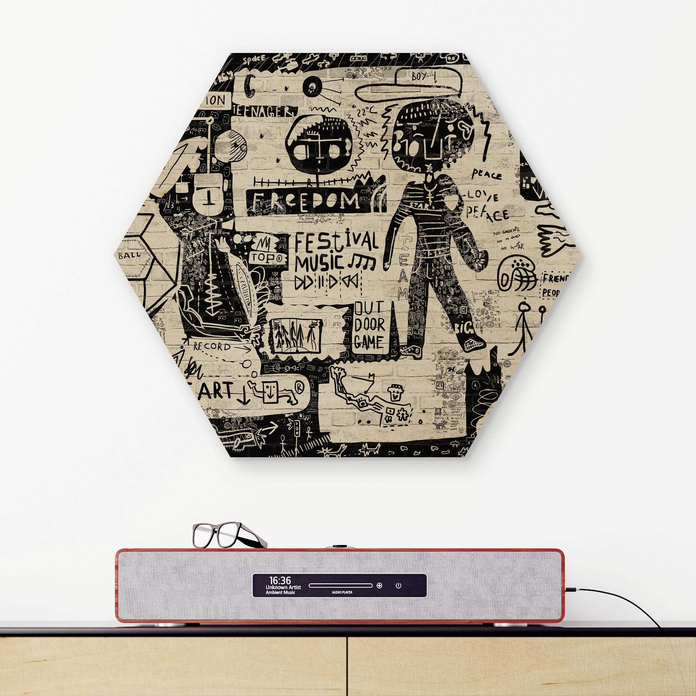 Hexagon-Holzbild Abstract Graffiti Art Schwarz Weiß