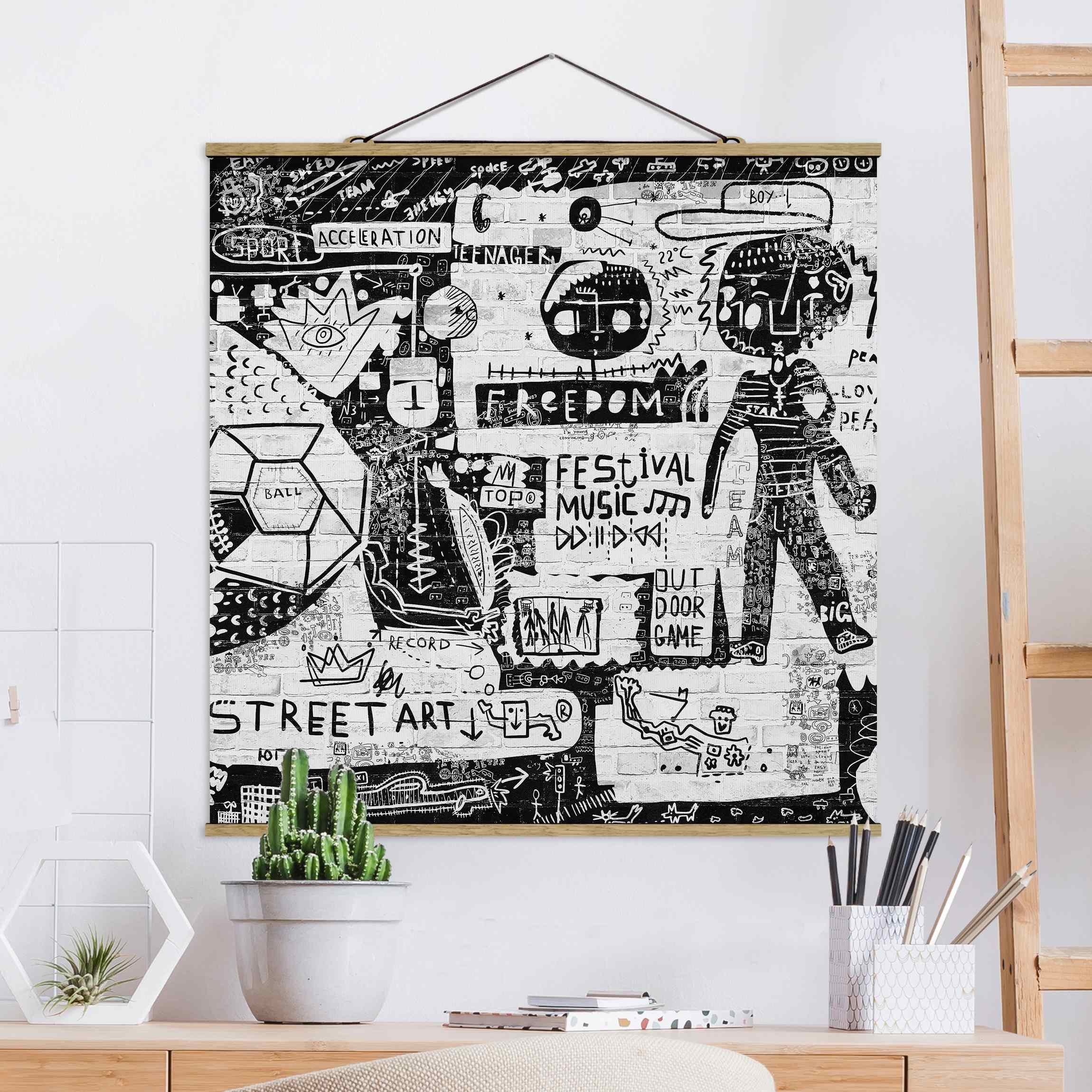 Stoffbild mit Posterleisten Abstract Graffiti Art Schwarz Weiß