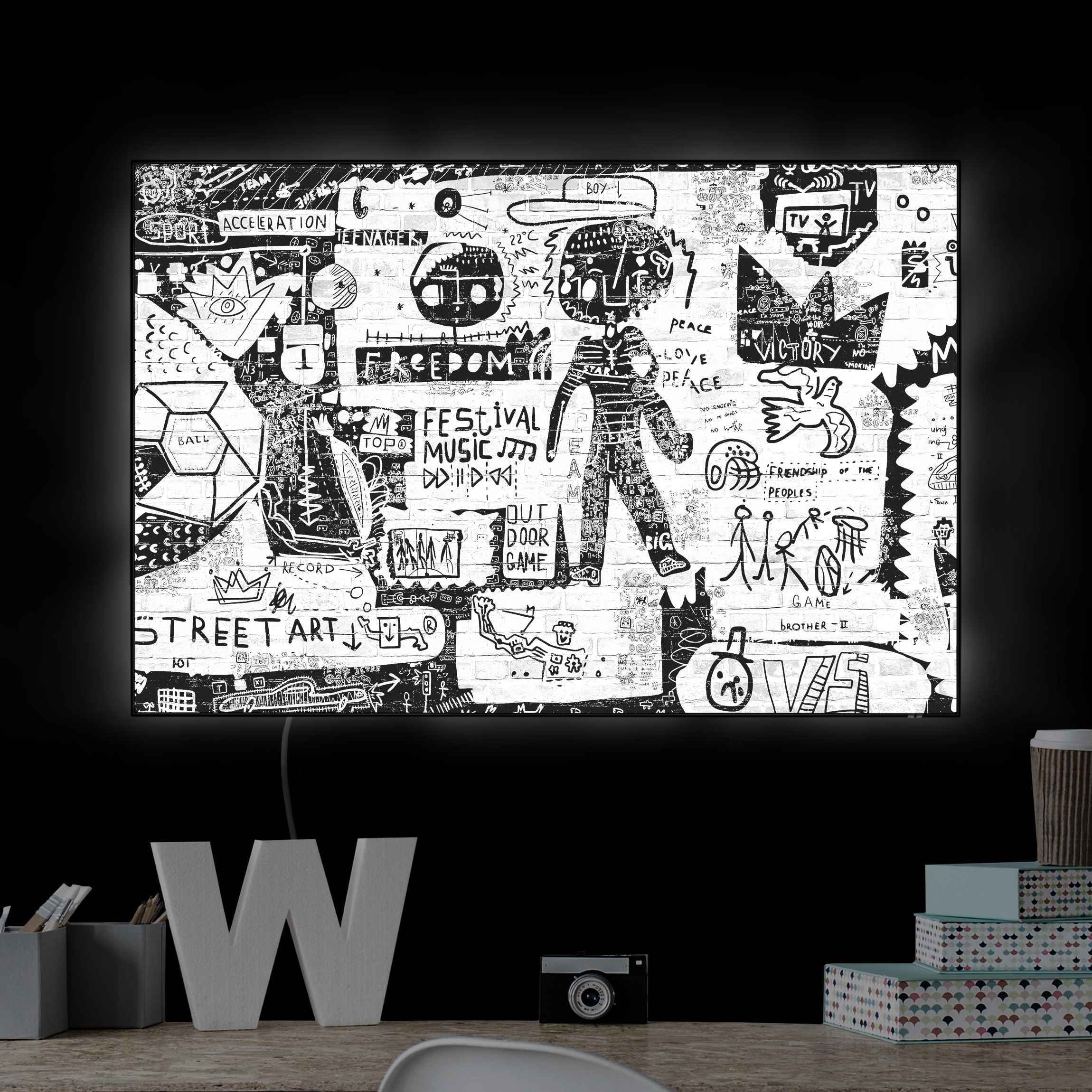 LED-Wechselbild Abstract Graffiti Art Schwarz Weiß