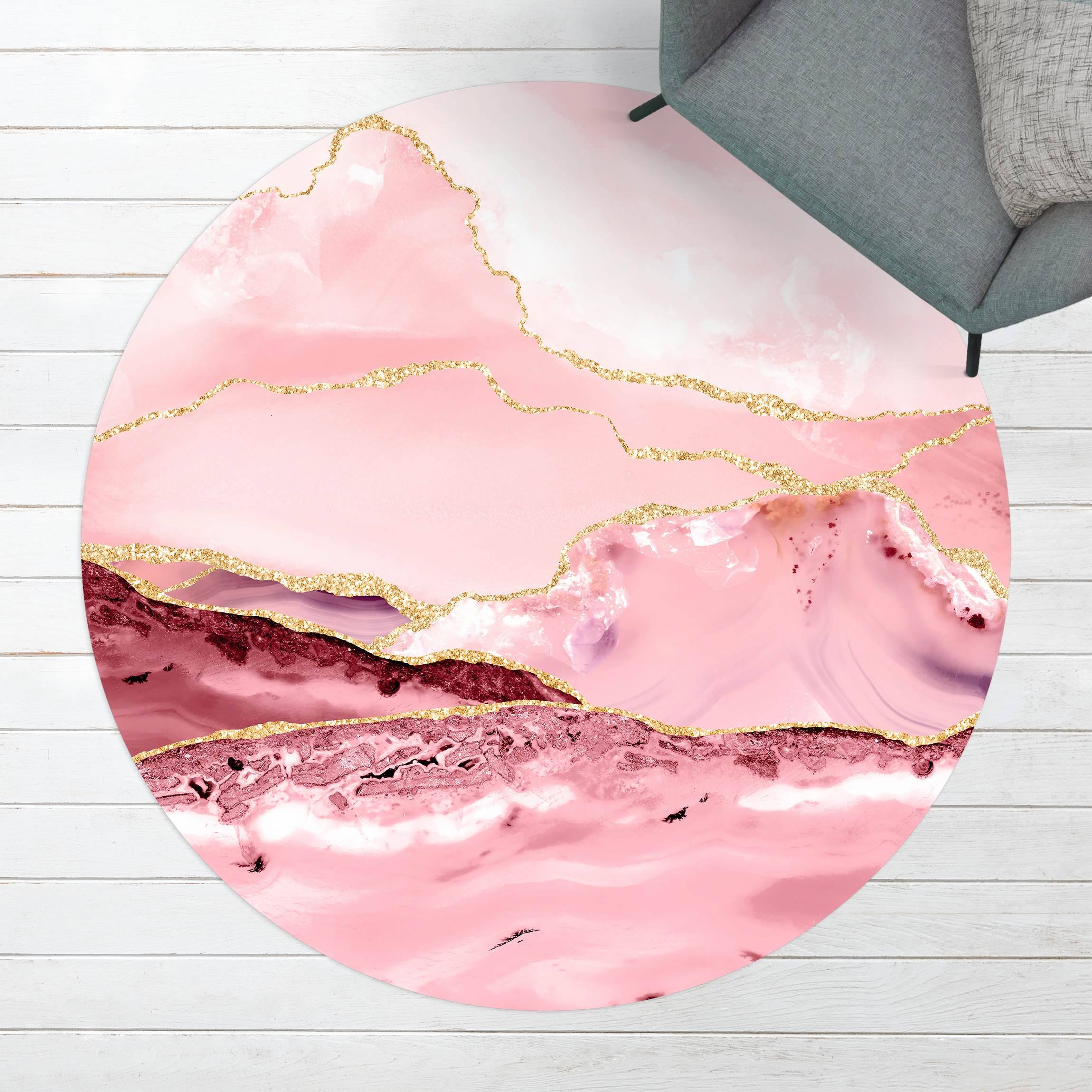 Runder Vinyl-Teppich Abstrakte Berge Rosa mit Goldenen Linien