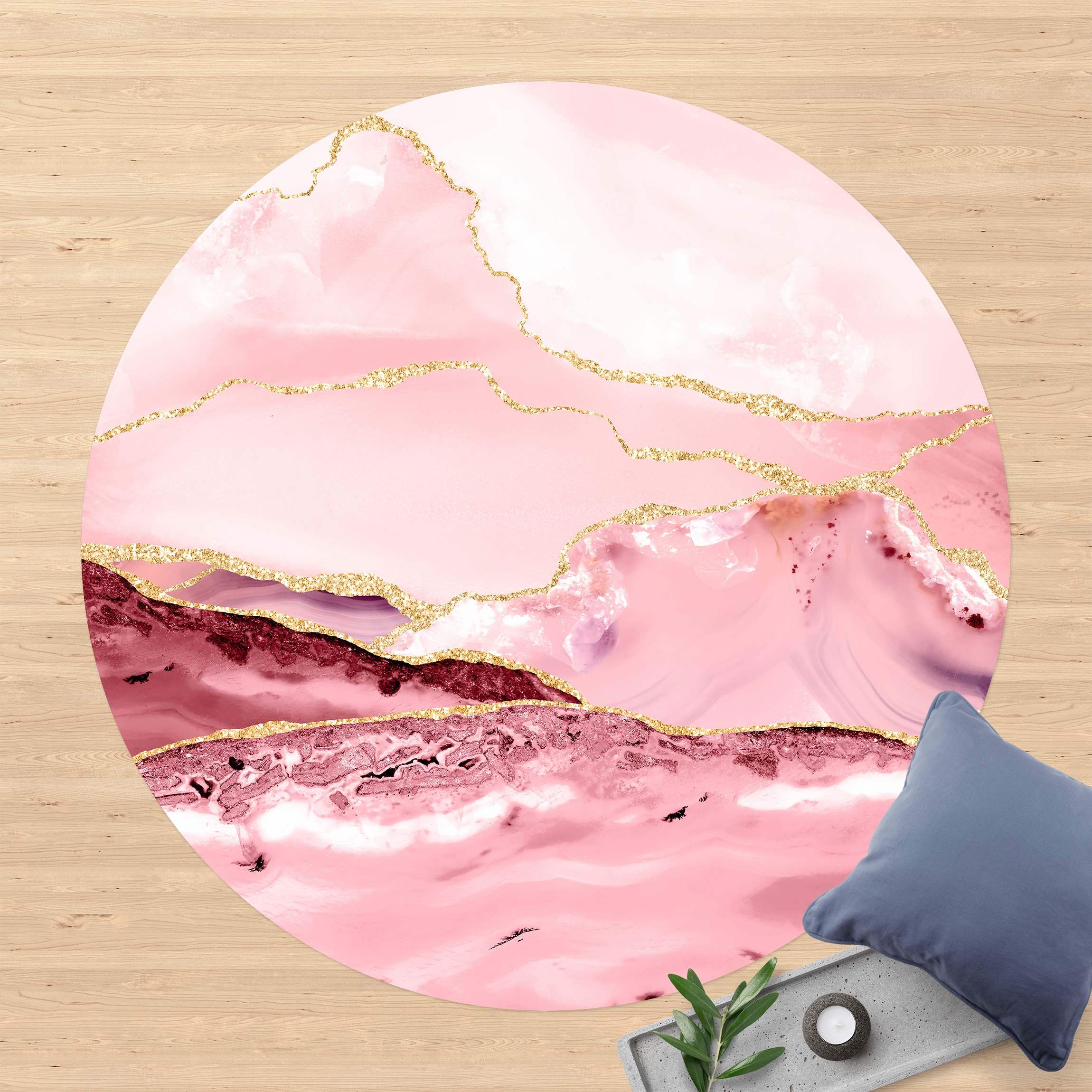 Runder Vinyl-Teppich Abstrakte Berge Rosa mit Goldenen Linien