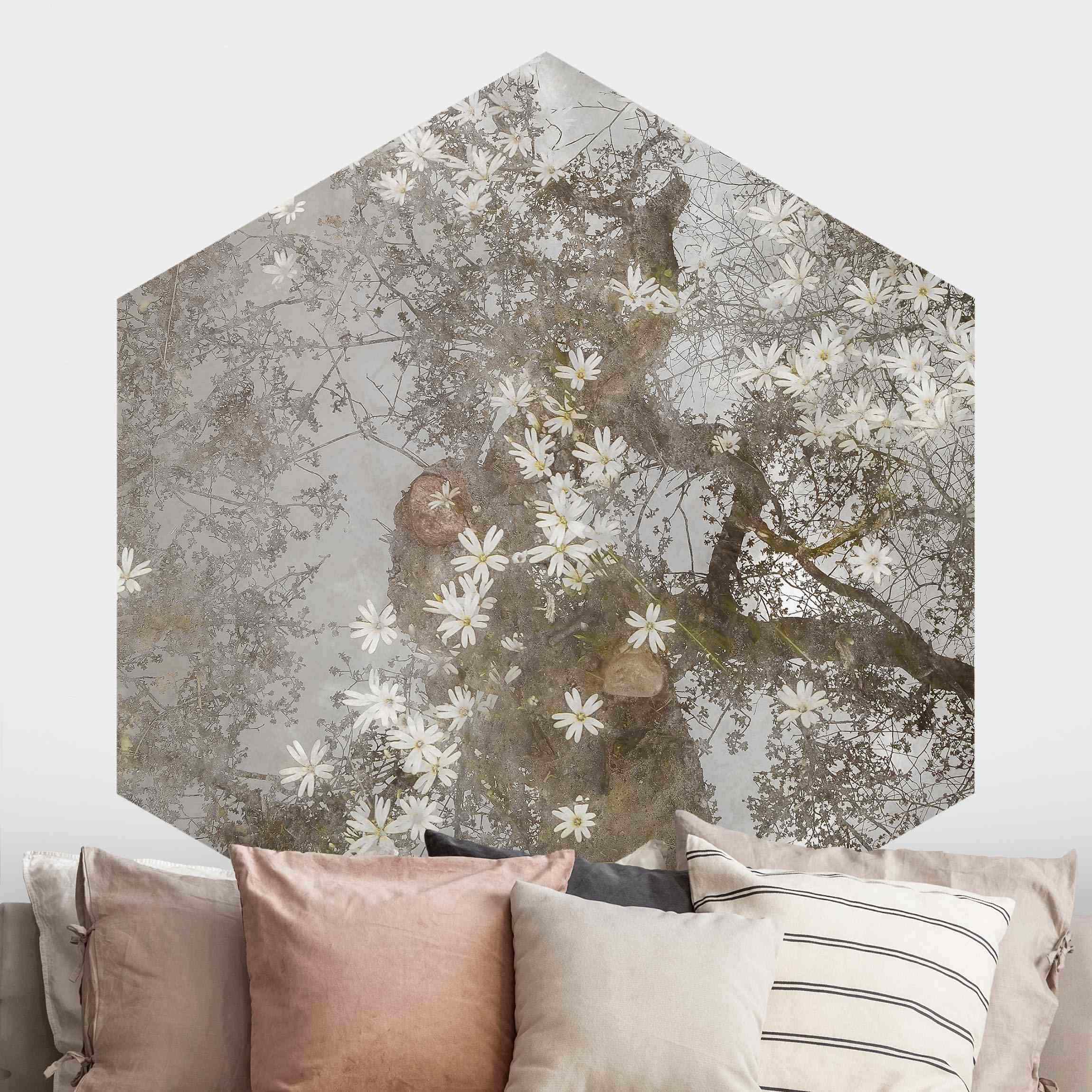 Hexagon Mustertapete Abstrakter Baum mit Blüten