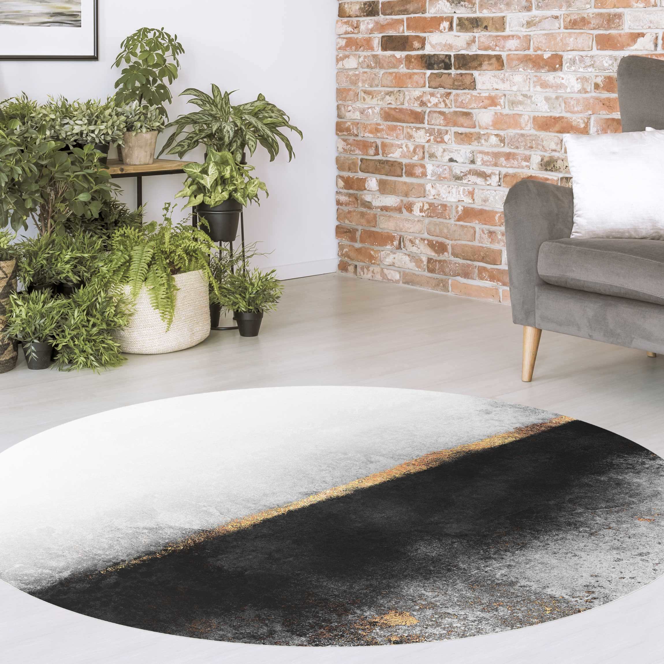 Runder Vinyl-Teppich Abstrakter Goldener Horizont Schwarz Weiß