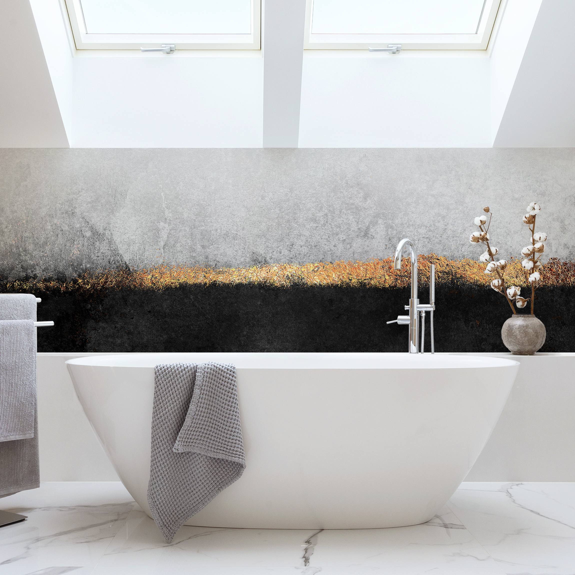 Wandverkleidung Bad Abstrakter Goldener Horizont Schwarz Weiß