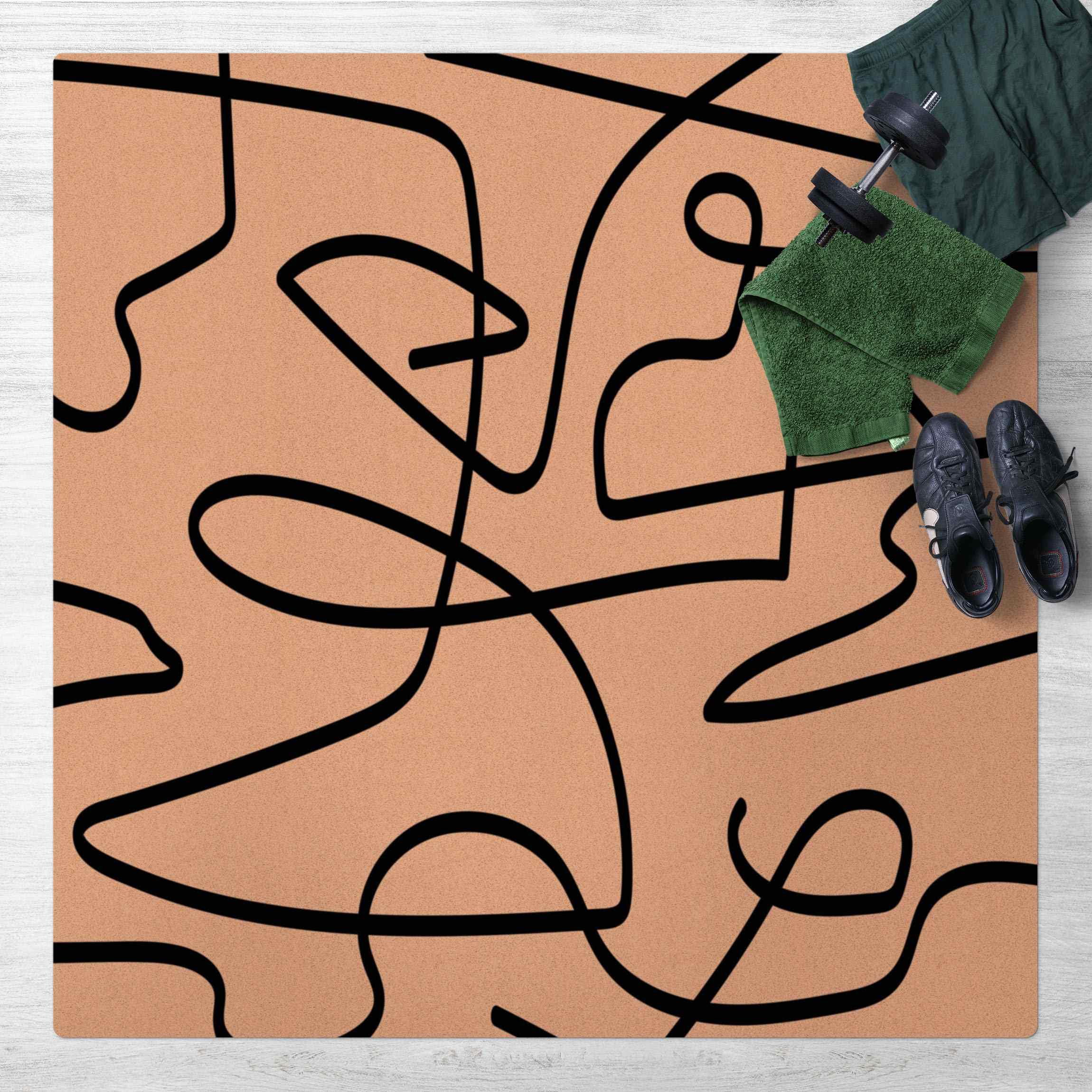 Kork-Teppich Abstrakter Linienfluss Schwarz