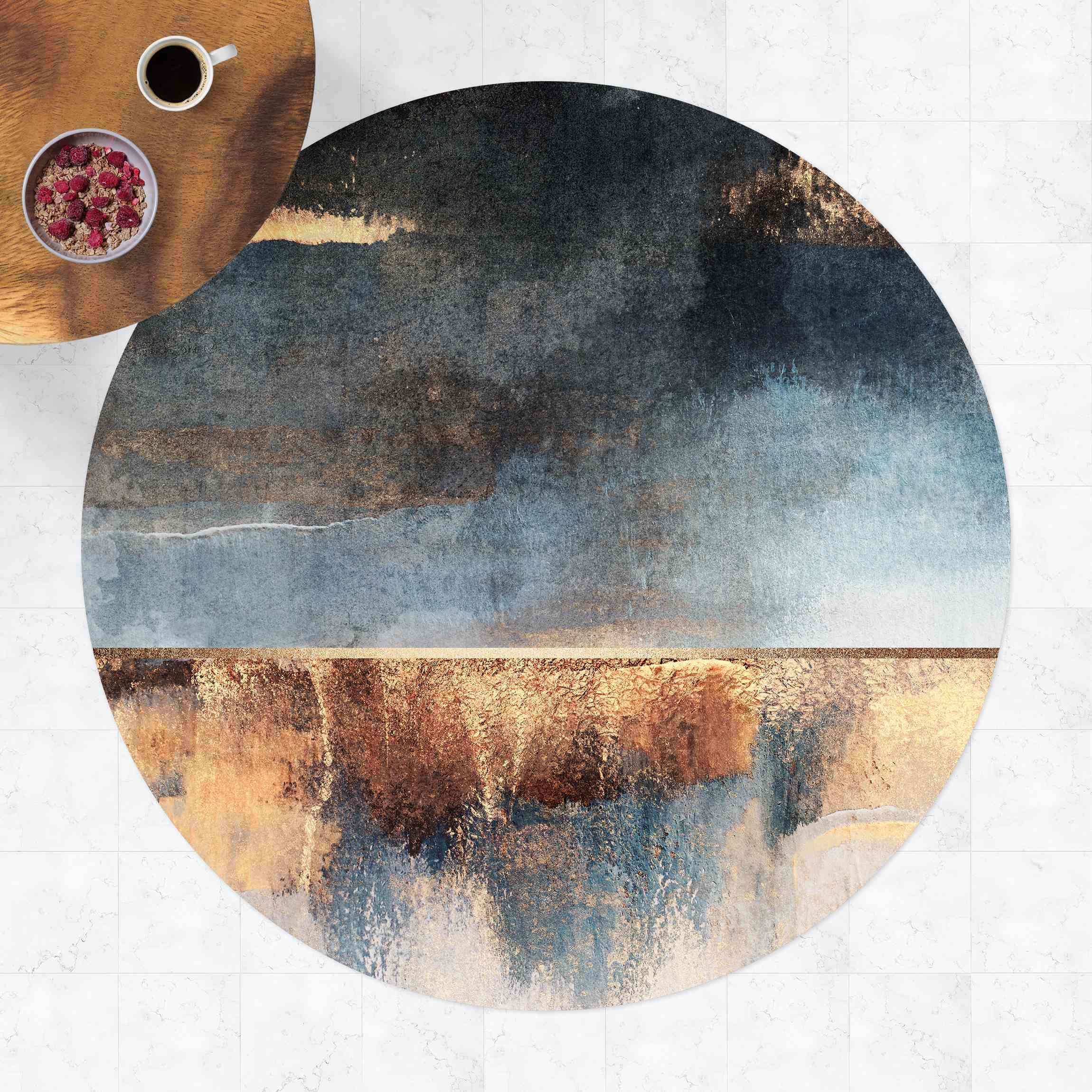 Runder Vinyl-Teppich Abstraktes Seeufer in Gold
