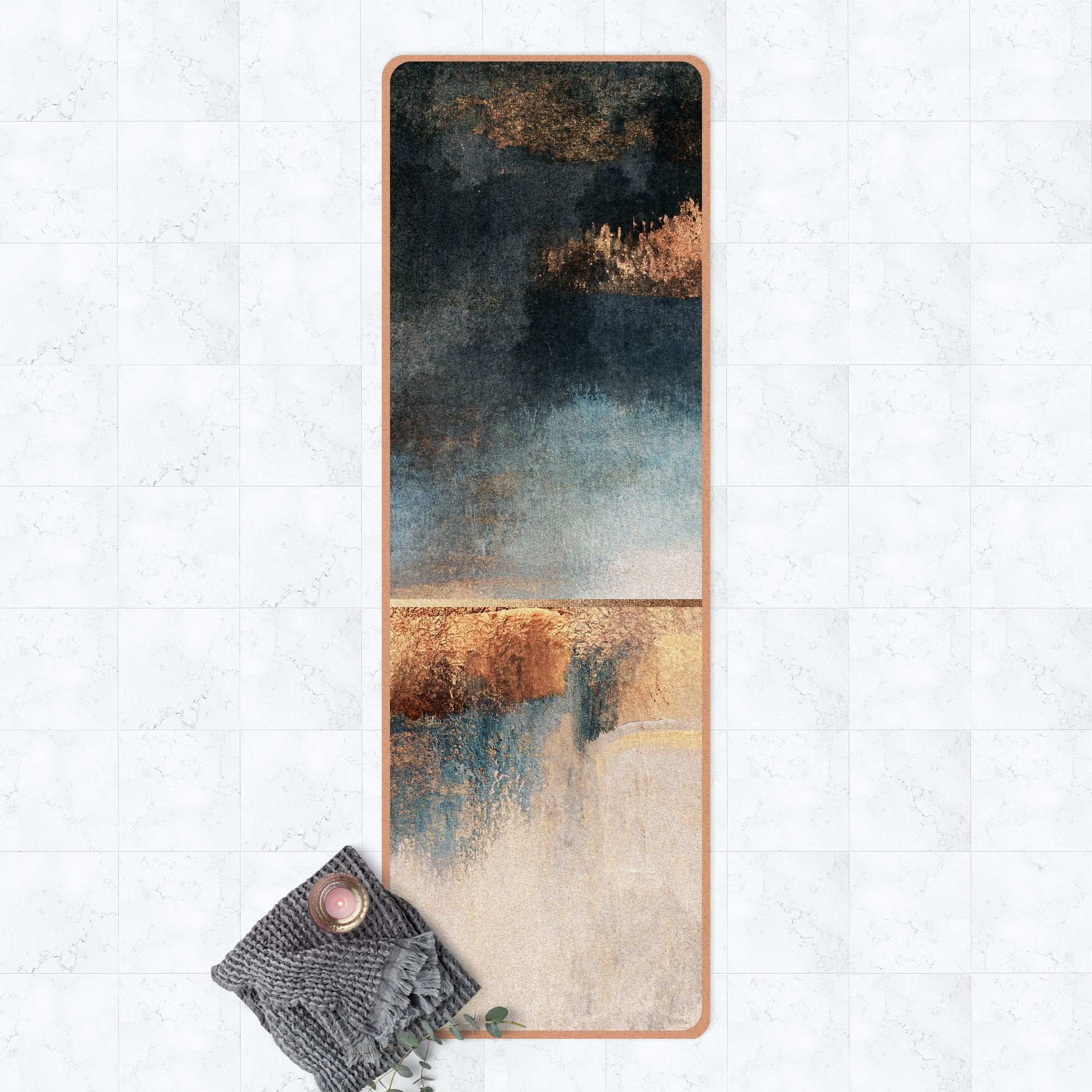 Yogamatte Kork Abstraktes Seeufer in Gold