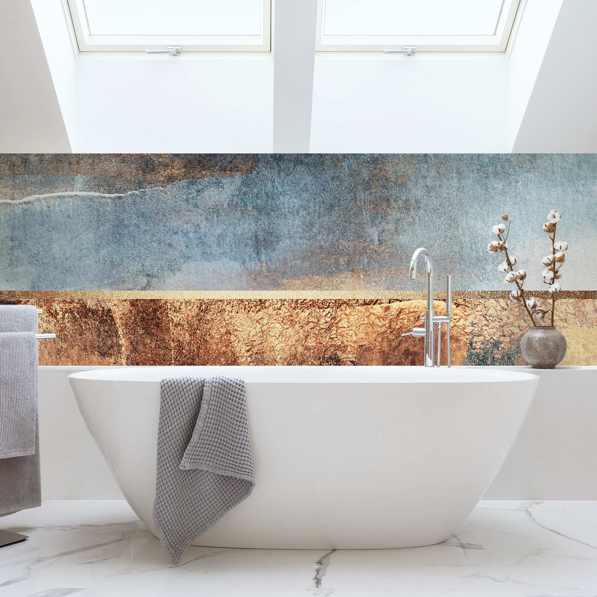 Wandverkleidung Bad Abstraktes Seeufer in Gold