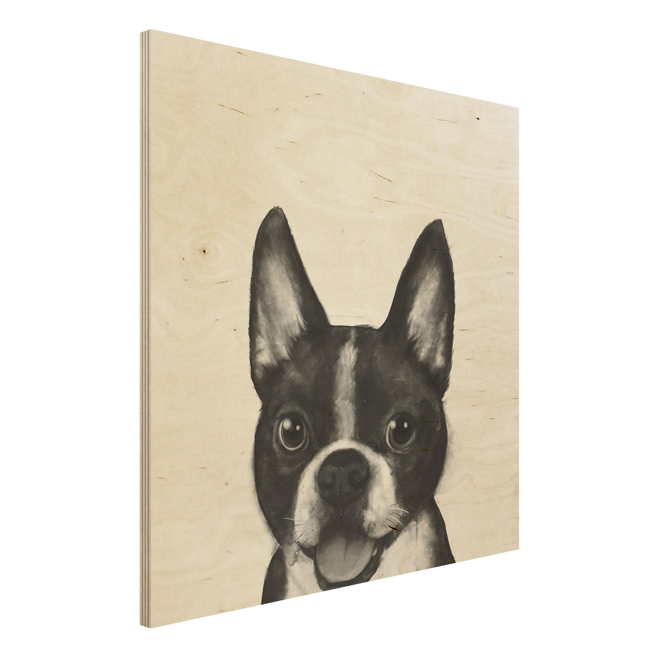 Holzbild - Quadrat Illustration Hund Boston Schwarz Weiß Malerei