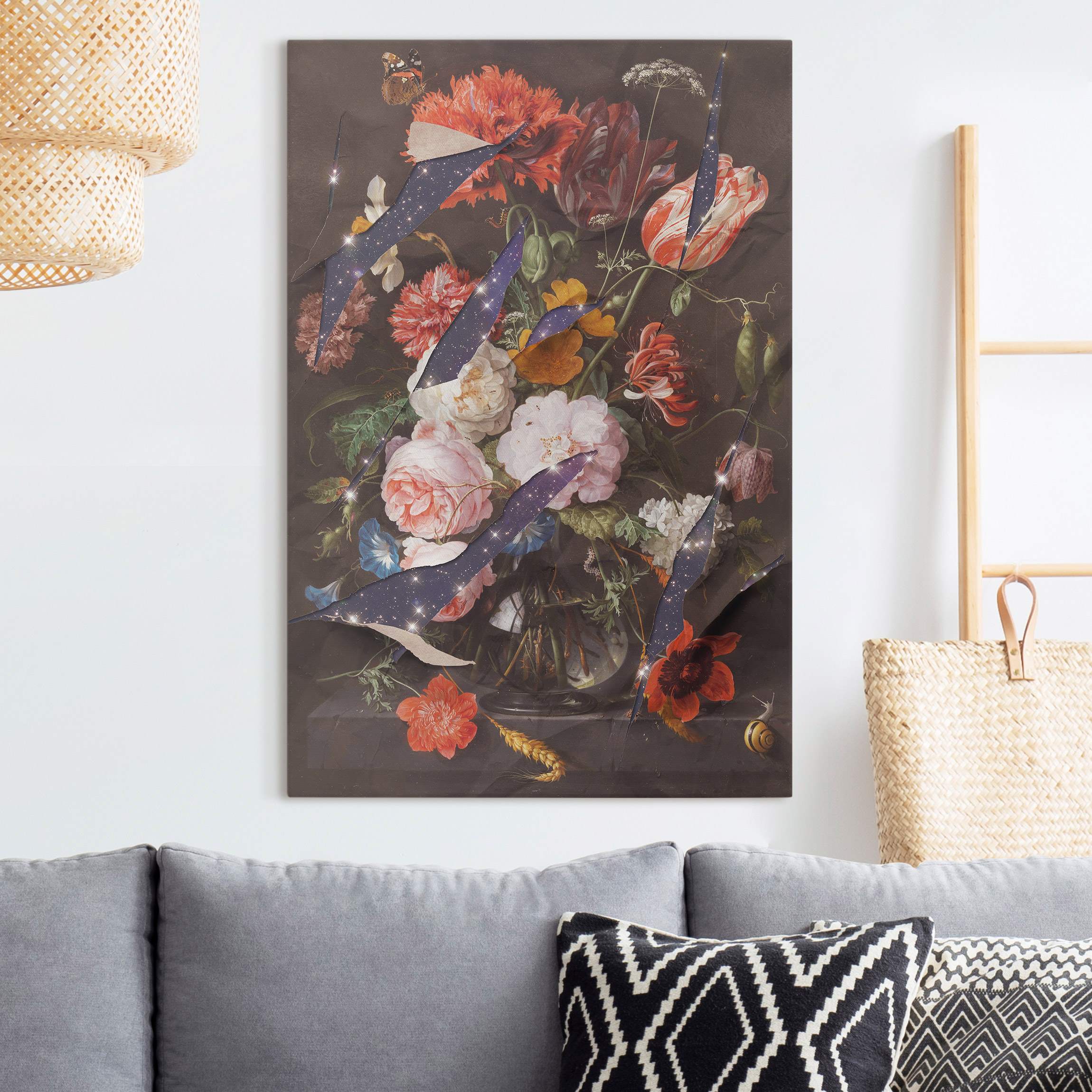 Leinwandbild Blumen mit Galaxie