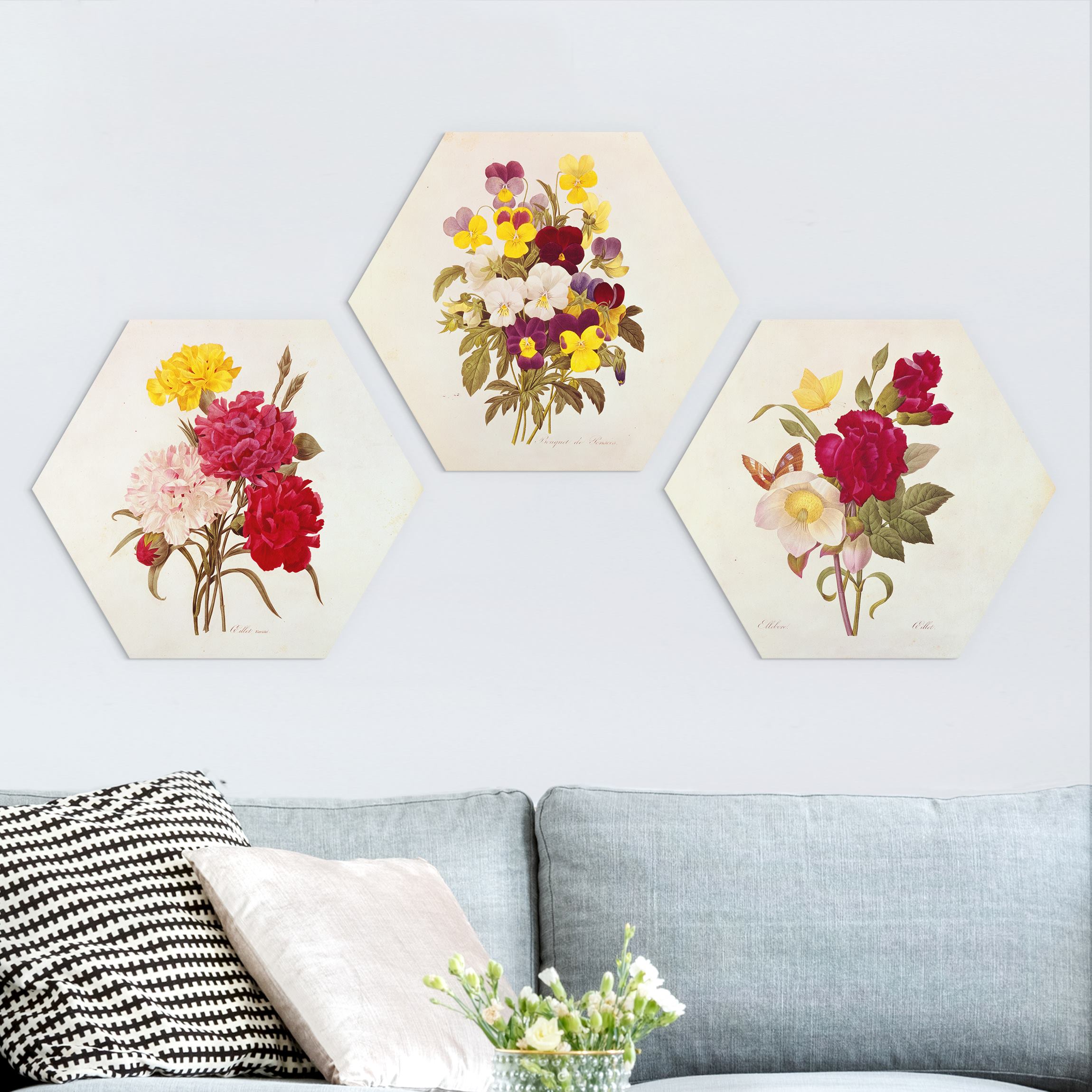 3-teiliges Hexagon-Forexbild Pierre Joseph Redouté - Rosen Nelken Stiefmütterchen