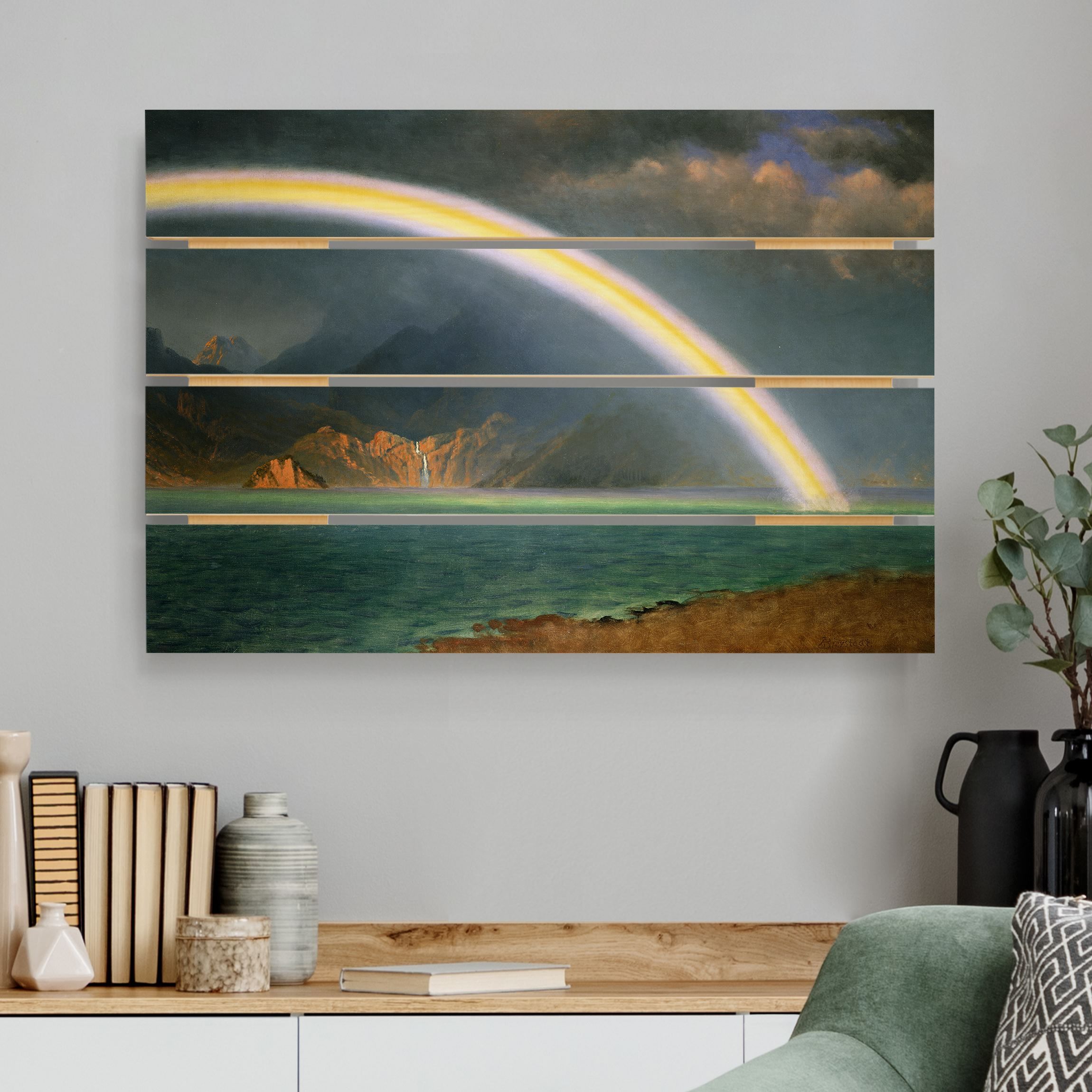 Holzbild Plankenoptik - Querformat Albert Bierstadt - Regenbogen über Jenny Lake